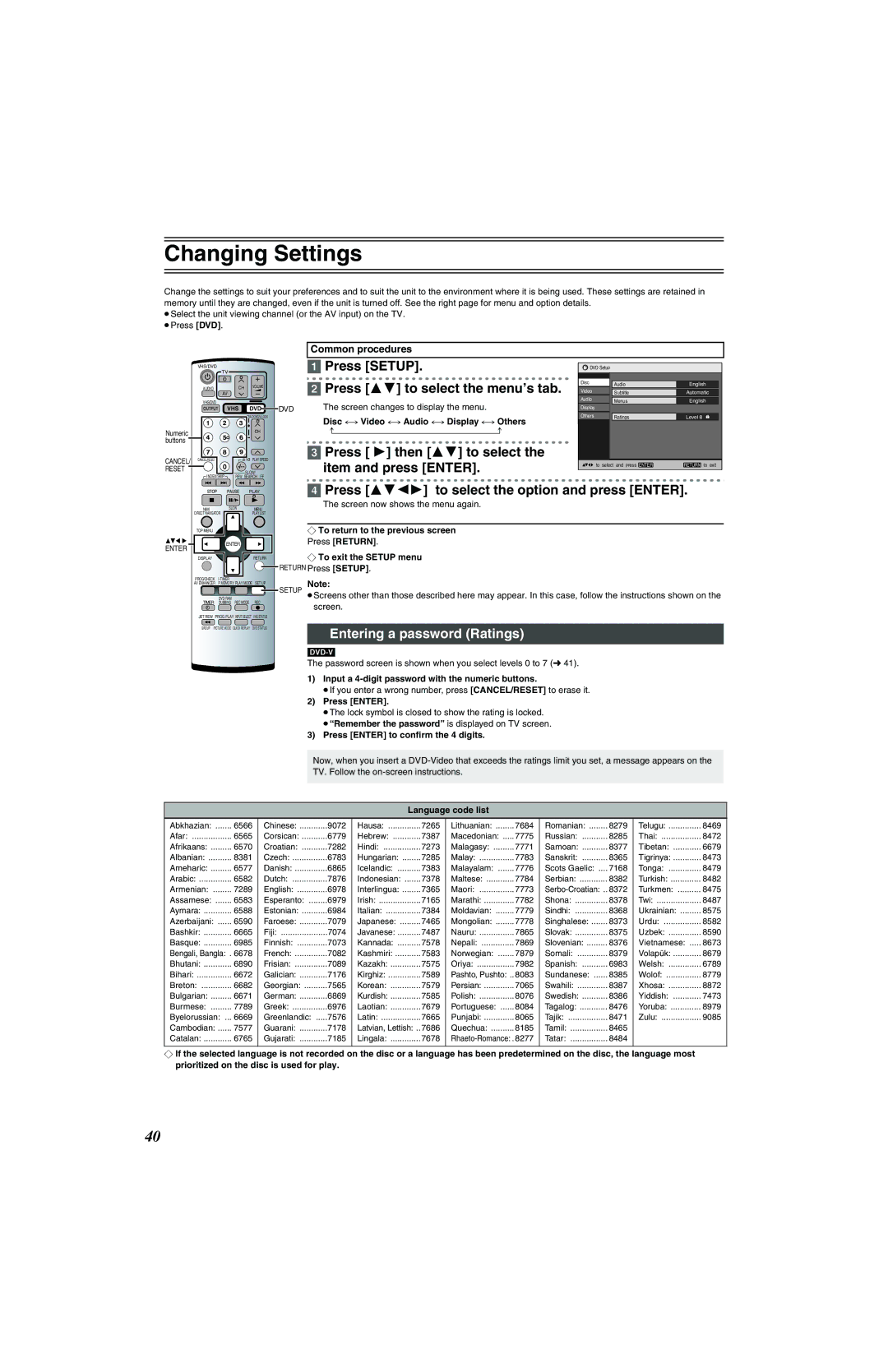 Panasonic NV-VP32 Series Changing Settings, Press Setup, Press 34 to select the menu’s tab, Entering a password Ratings 