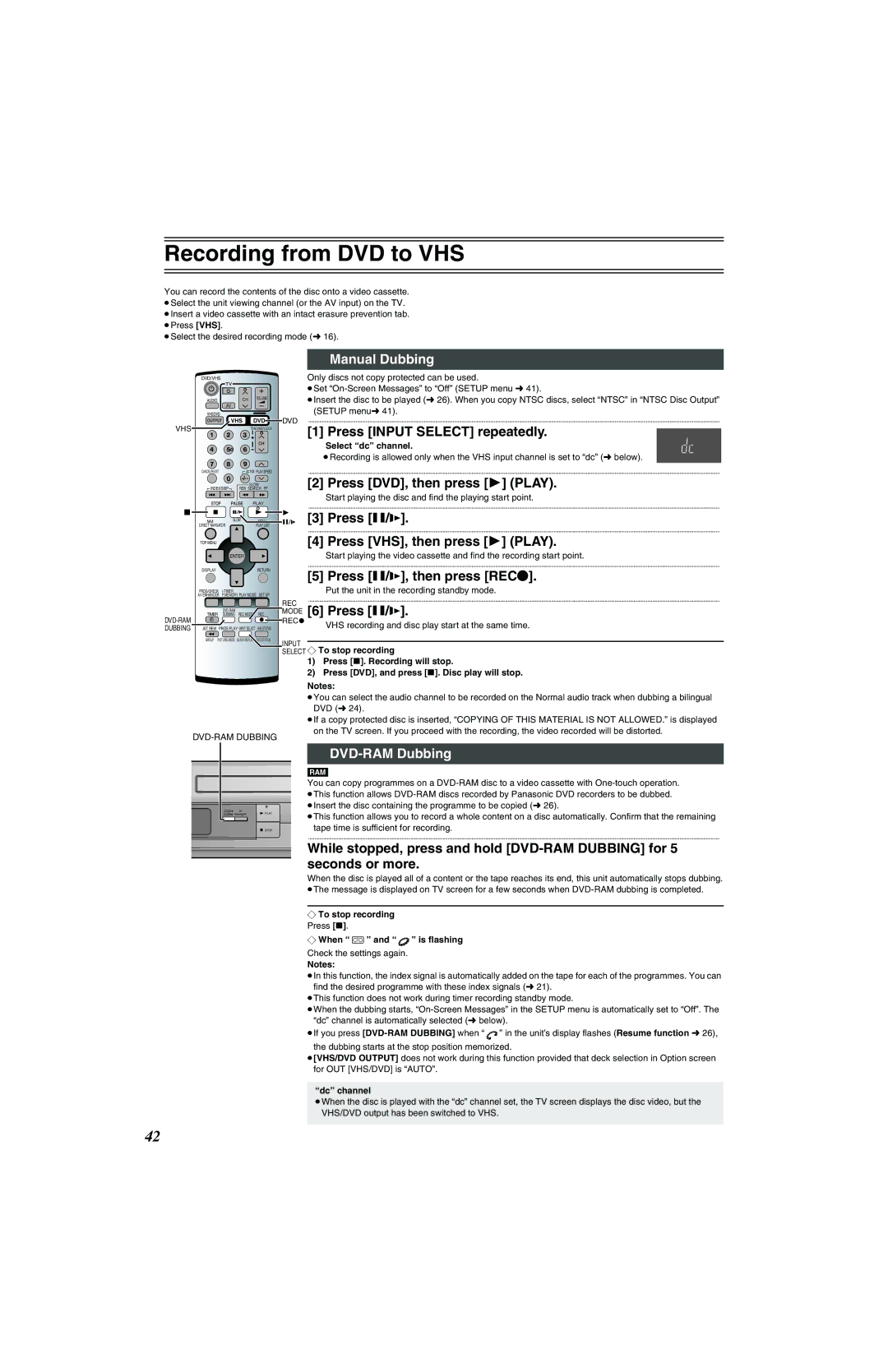 Panasonic NV-VP32 Series manual Recording from DVD to VHS, Manual Dubbing, DVD-RAM Dubbing 