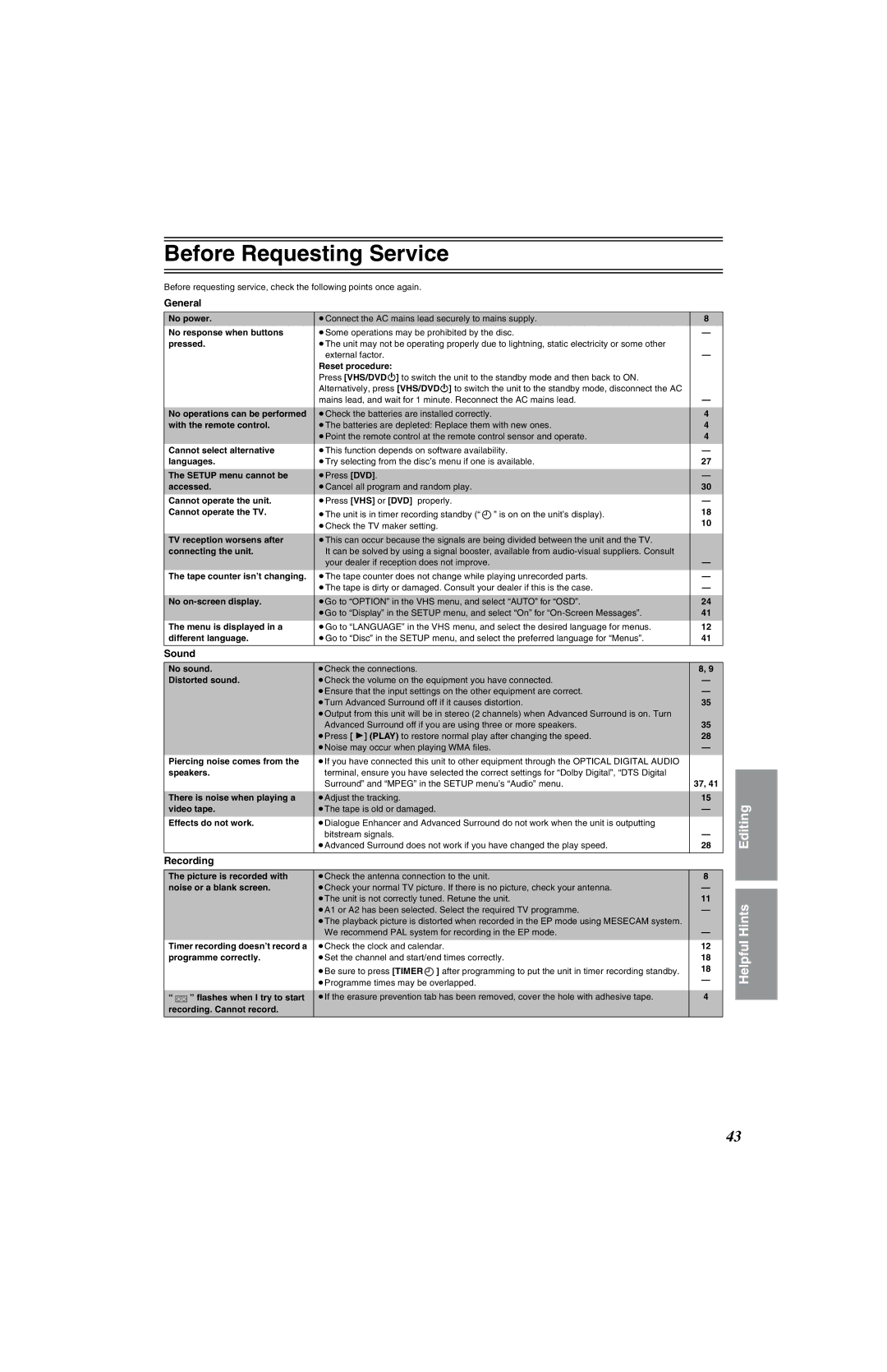 Panasonic NV-VP32 Series manual Before Requesting Service, General, Sound 