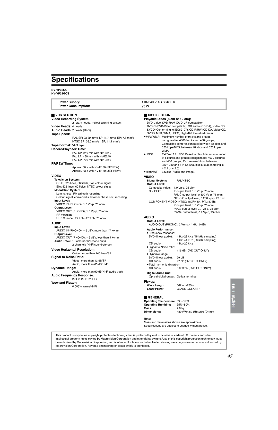 Panasonic NV-VP32 Series manual Specifications 