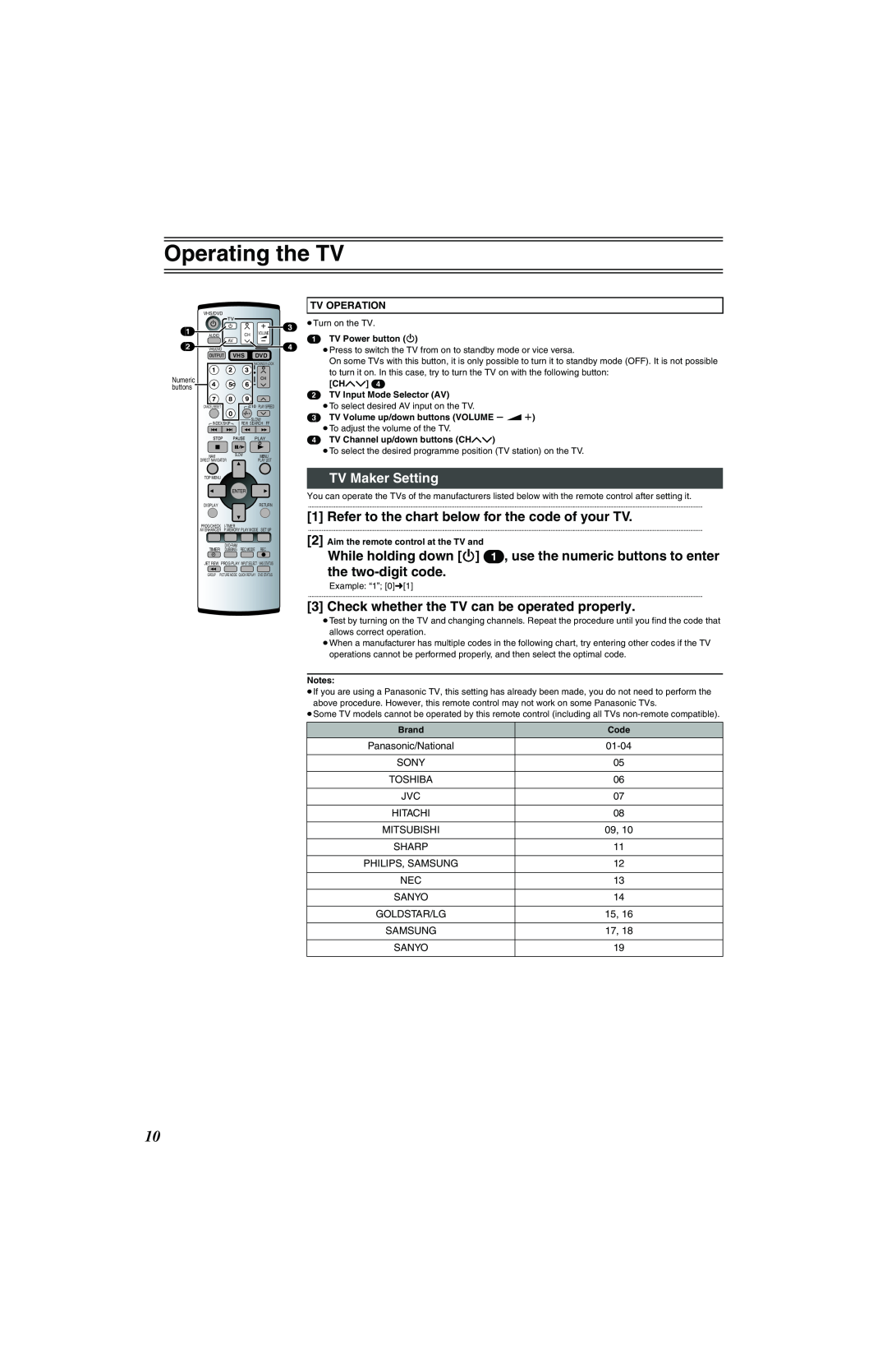 Panasonic NV-VP32 Series manual Operating the TV, TV Maker Setting, Refer to the chart below for the code of your TV 