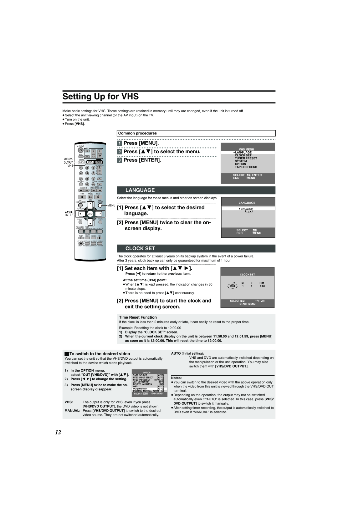 Panasonic NV-VP32 Series Setting Up for VHS, Press MENU 2 Press 34 to select the menu 3 Press ENTER, Language, Clock Set 