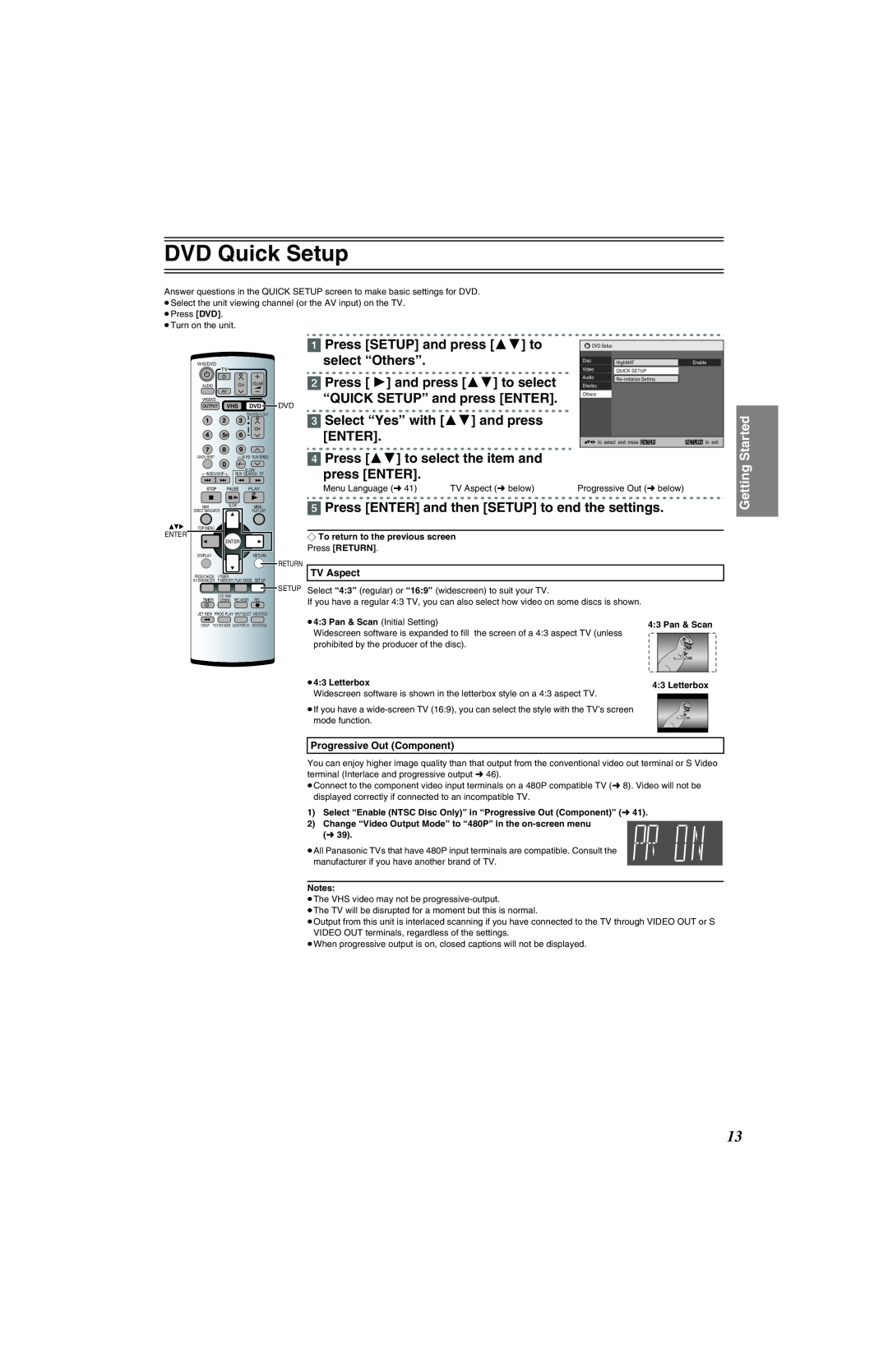 Panasonic NV-VP32 Series manual DVD Quick Setup, Press SETUP and press 34 to select “Others”, Started, ≥43 Letterbox 