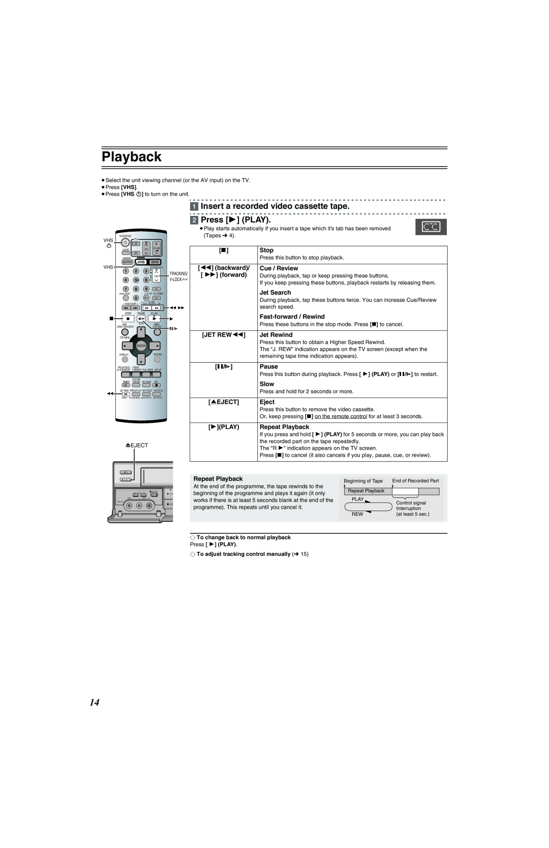 Panasonic NV-VP32 Series manual Playback, Insert a recorded video cassette tape 2 Press 1 PLAY 