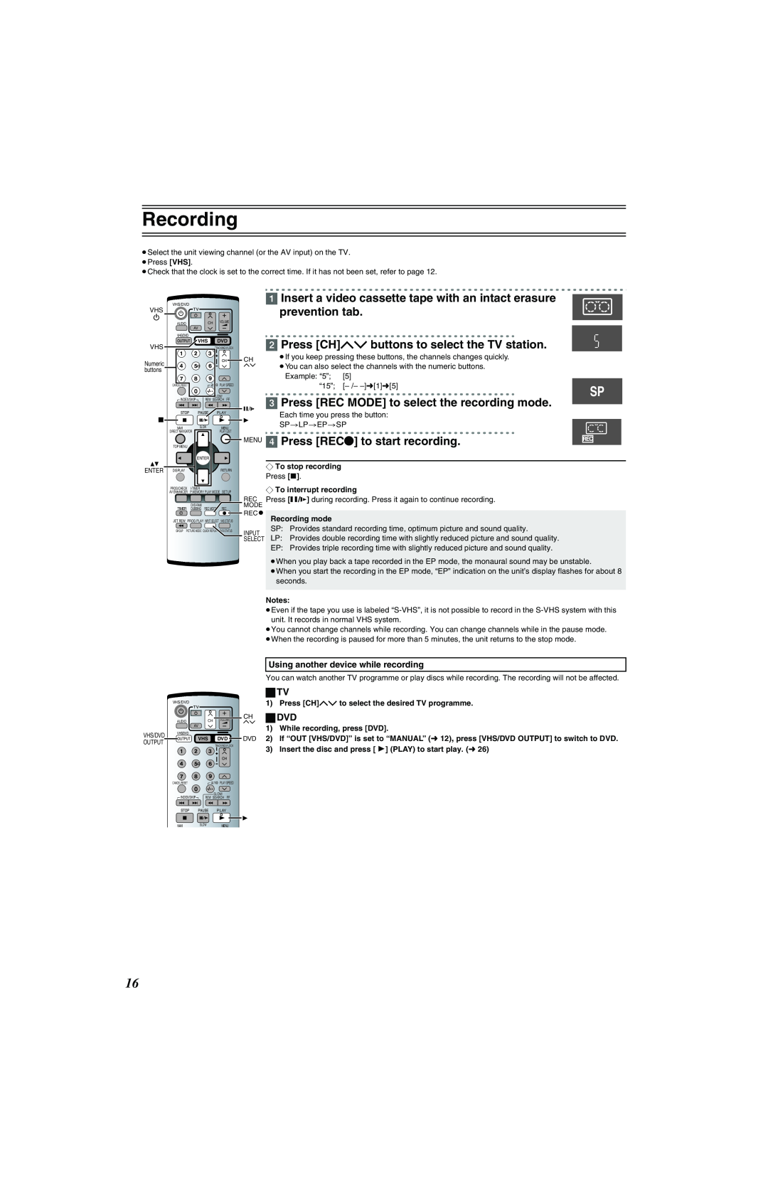 Panasonic NV-VP32 Series manual Recording, Insert a video cassette tape with an intact erasure prevention tab, ª Tv, ªdvd 