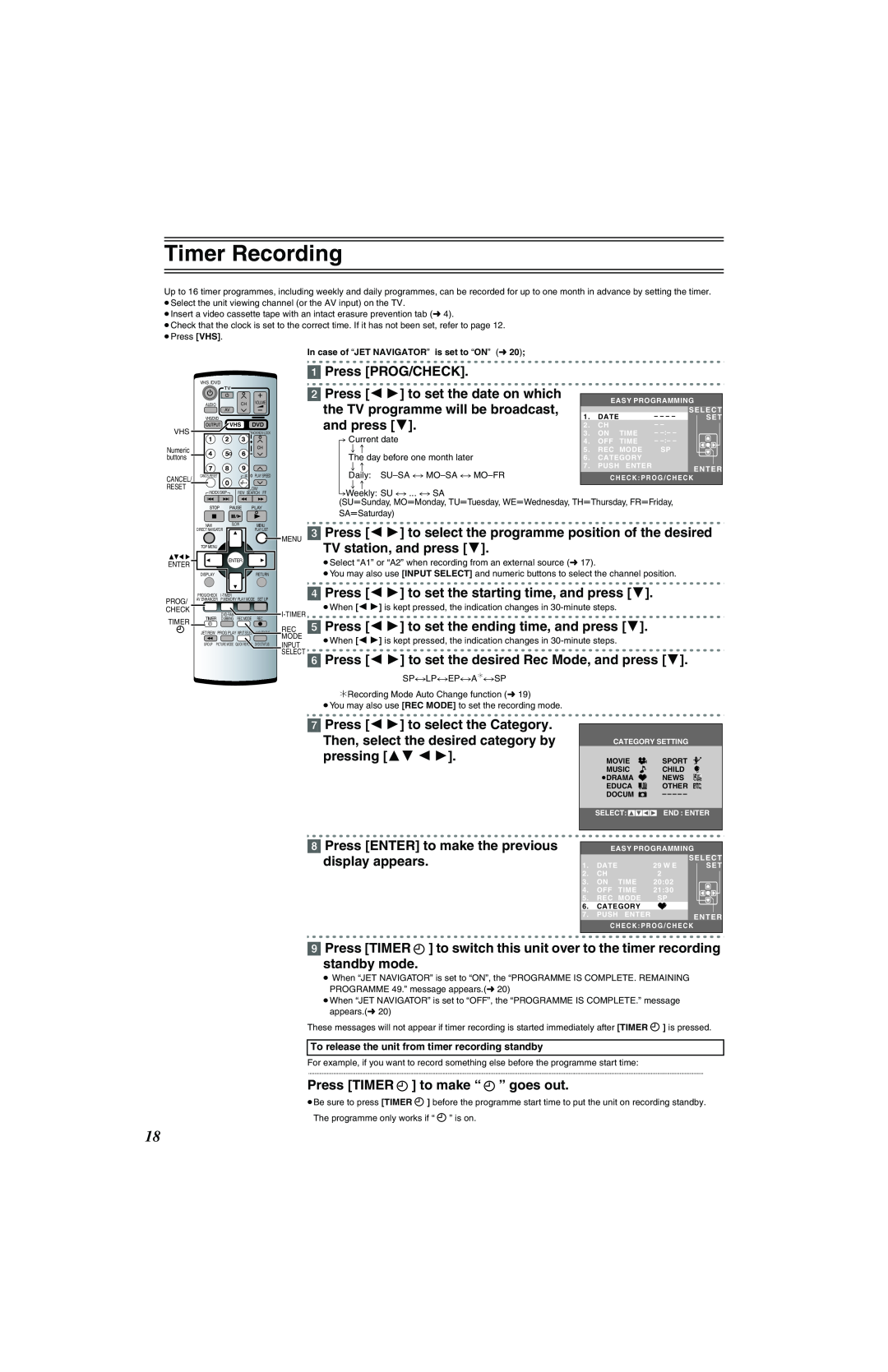 Panasonic NV-VP32 Series Timer Recording, Press PROG/CHECK, Press 2 1 to set the date on which, and press, A. Current date 