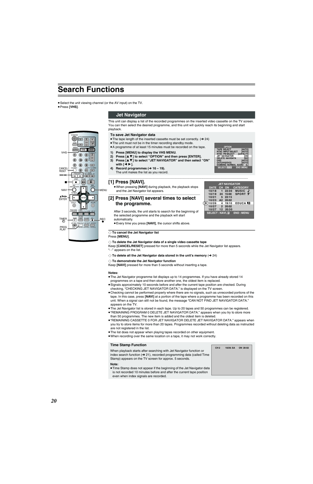 Panasonic NV-VP32 Series Search Functions, Jet Navigator, Press NAVI, the programme, Press MENU to display the VHS MENU 