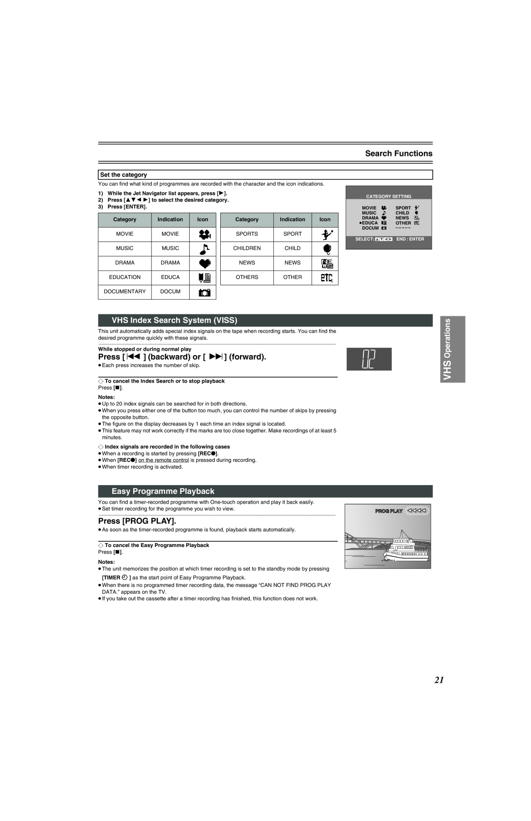 Panasonic NV-VP32 Series Search Functions, VHS Index Search System VISS, Press backward or 9 forward, Press PROG PLAY 