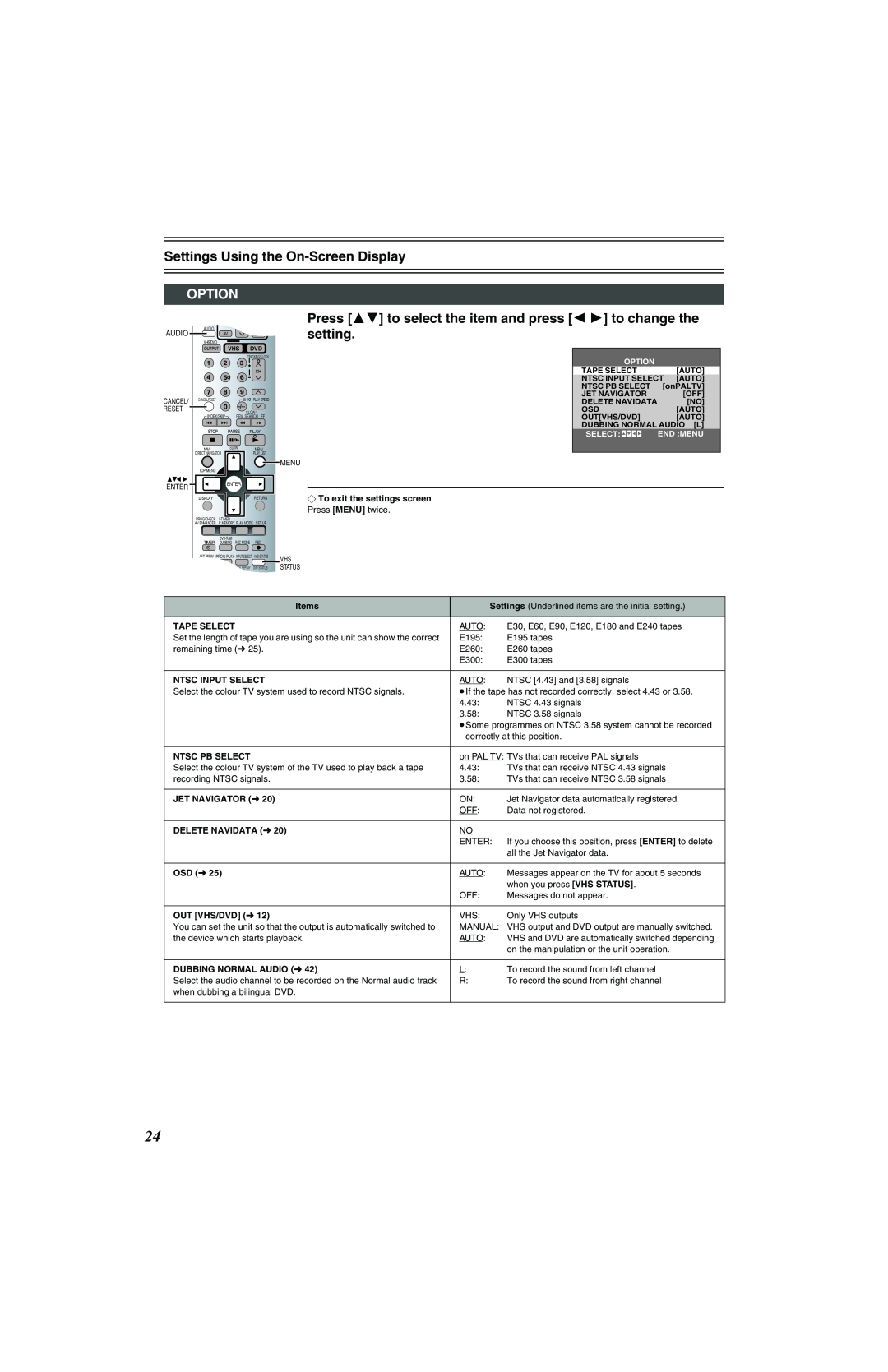 Panasonic NV-VP32 Series manual Option, Press 34 to select the item and press 2 1 to change the setting, Items, Tape Select 