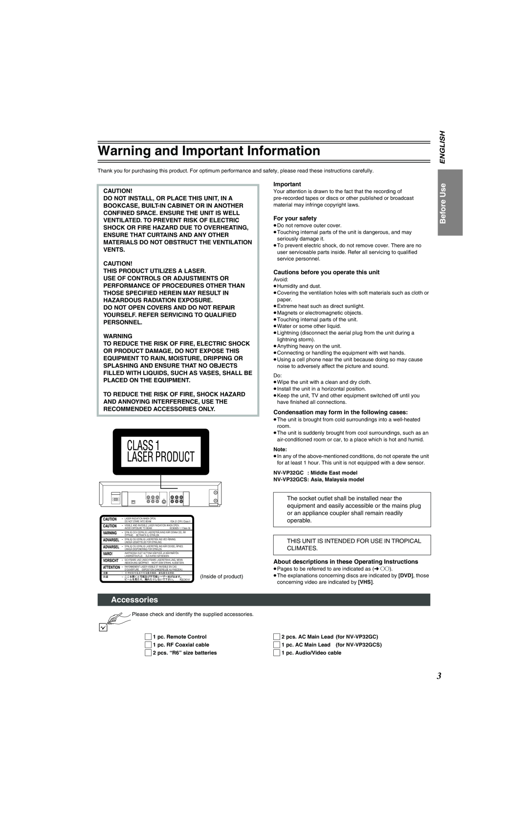 Panasonic NV-VP32 Series manual Warning and Important Information, Accessories, Before Use, English 