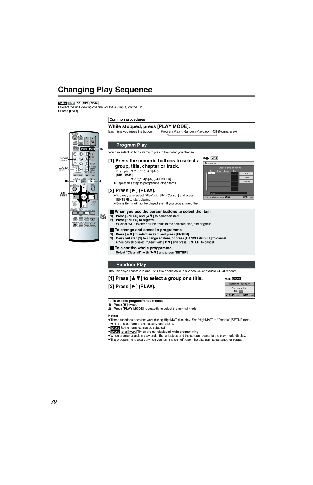 Panasonic NV-VP32 Series Changing Play Sequence, While stopped, press PLAY MODE, Program Play, Press 1 PLAY, Random Play 