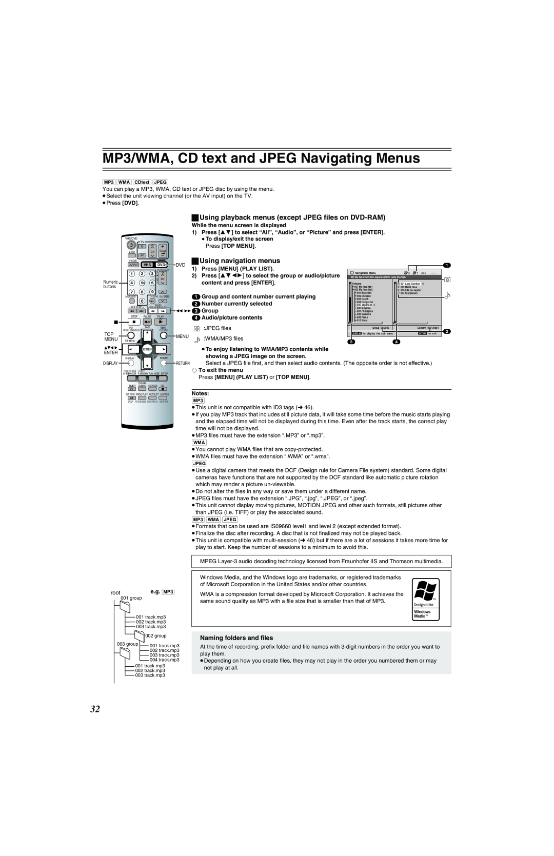 Panasonic NV-VP32 Series MP3/WMA, CD text and JPEG Navigating Menus, ª Using playback menus except JPEG files on DVD-RAM 
