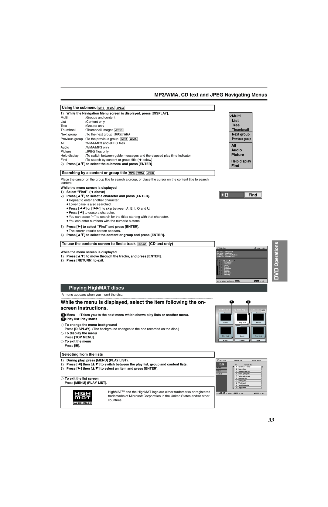 Panasonic NV-VP32 Series manual MP3/WMA, CD text and JPEG Navigating Menus, Playing HighMAT discs, Find, DVD Operations 