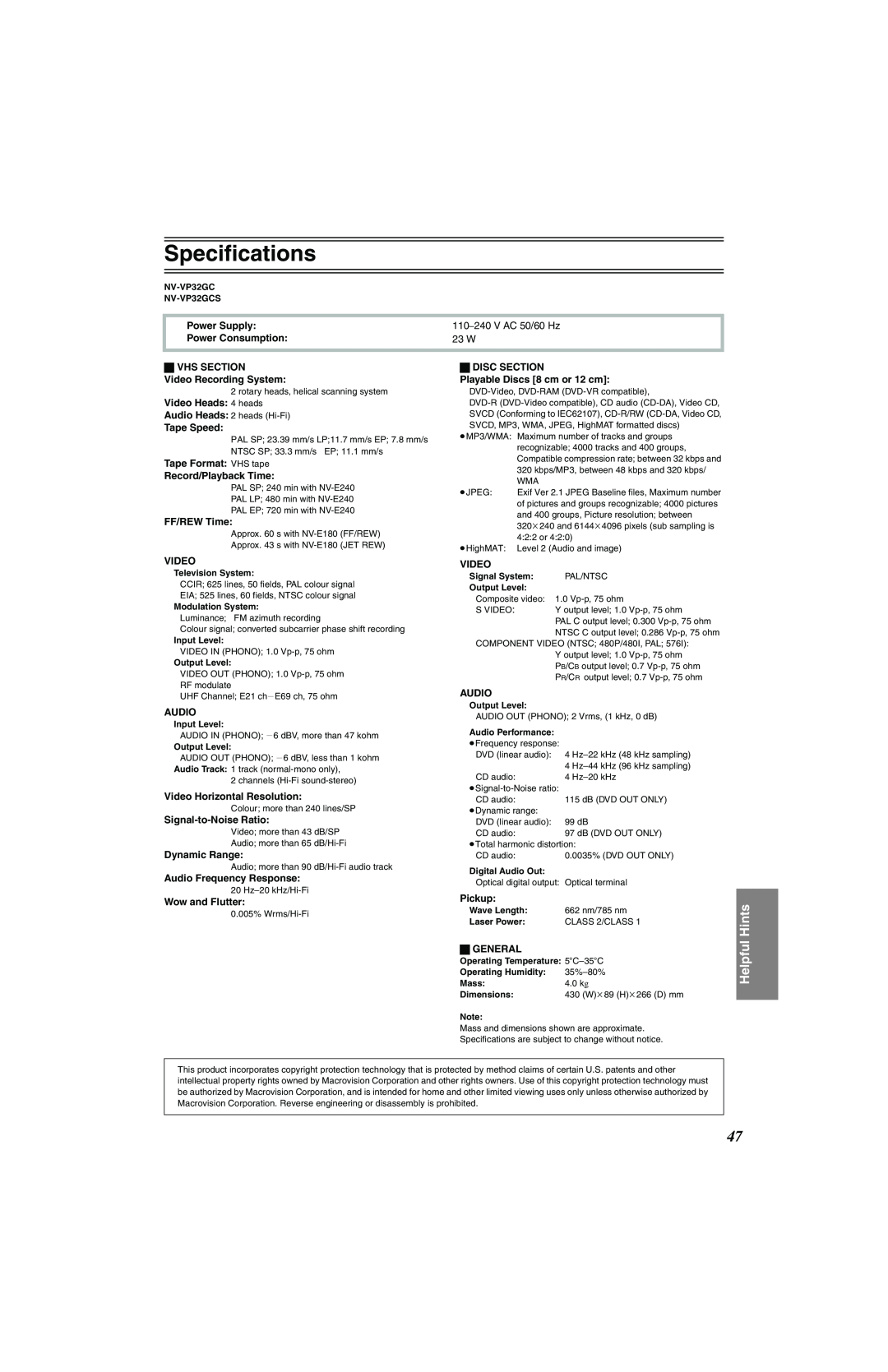 Panasonic NV-VP32 Series manual Specifications, V AC 50/60 Hz, 23 W, Helpful Hints 