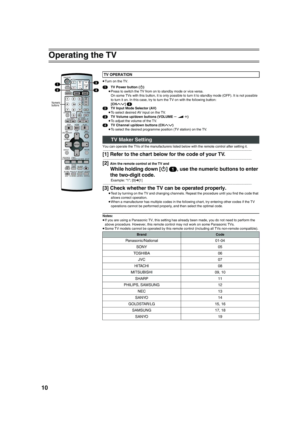 Panasonic NV-VP32 manual Operating the TV, TV Maker Setting, Refer to the chart below for the code of your TV 