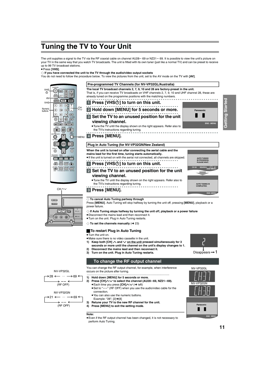 Panasonic NV-VP32 Tuning the TV to Your Unit, Press Menu, Press VHS Í to turn on this unit, To restart Plug in Auto Tuning 