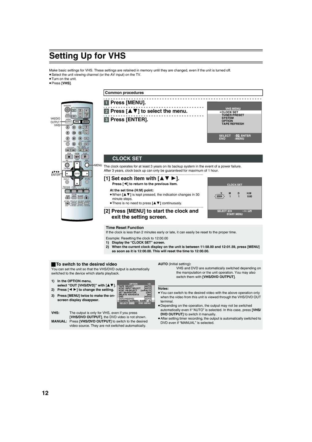 Panasonic NV-VP32 Setting Up for VHS, Press Menu Press 34 to select the menu Press Enter, Clock SET, Set each item with 34 