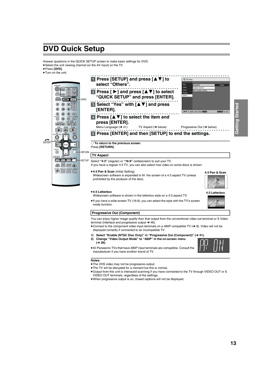 Panasonic NV-VP32 DVD Quick Setup, Press Enter and then Setup to end the settings, TV Aspect, Progressive Out Component 