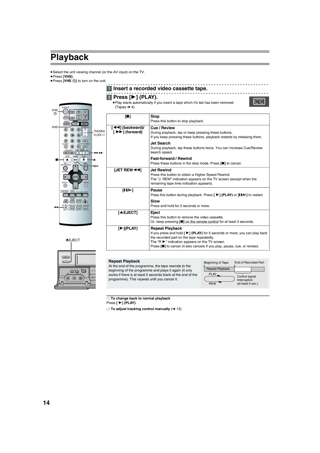 Panasonic NV-VP32 manual Playback, Insert a recorded video cassette tape Press 1 Play 