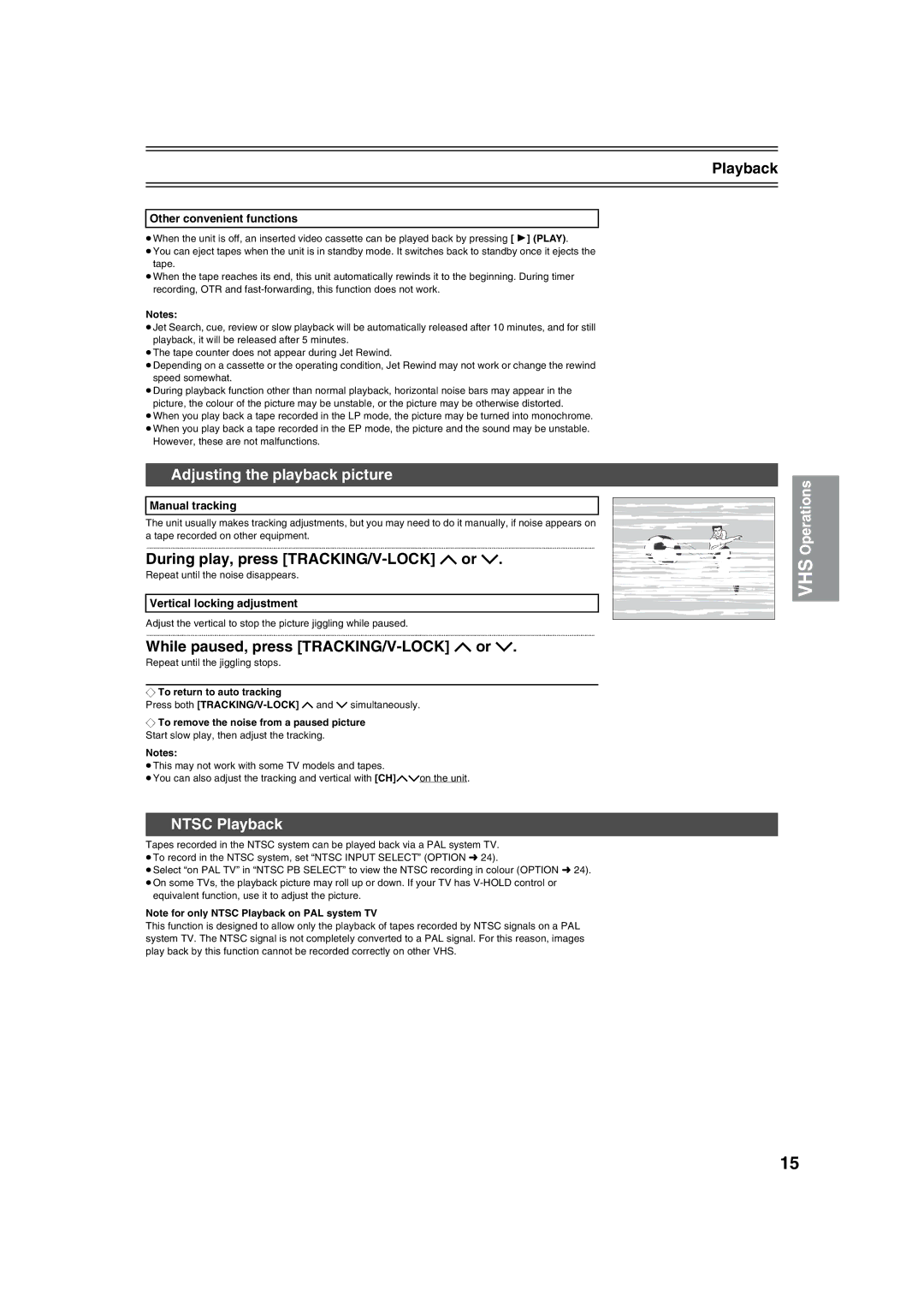 Panasonic NV-VP32 manual Adjusting the playback picture, During play, press TRACKING/V-LOCK or, Ntsc Playback 