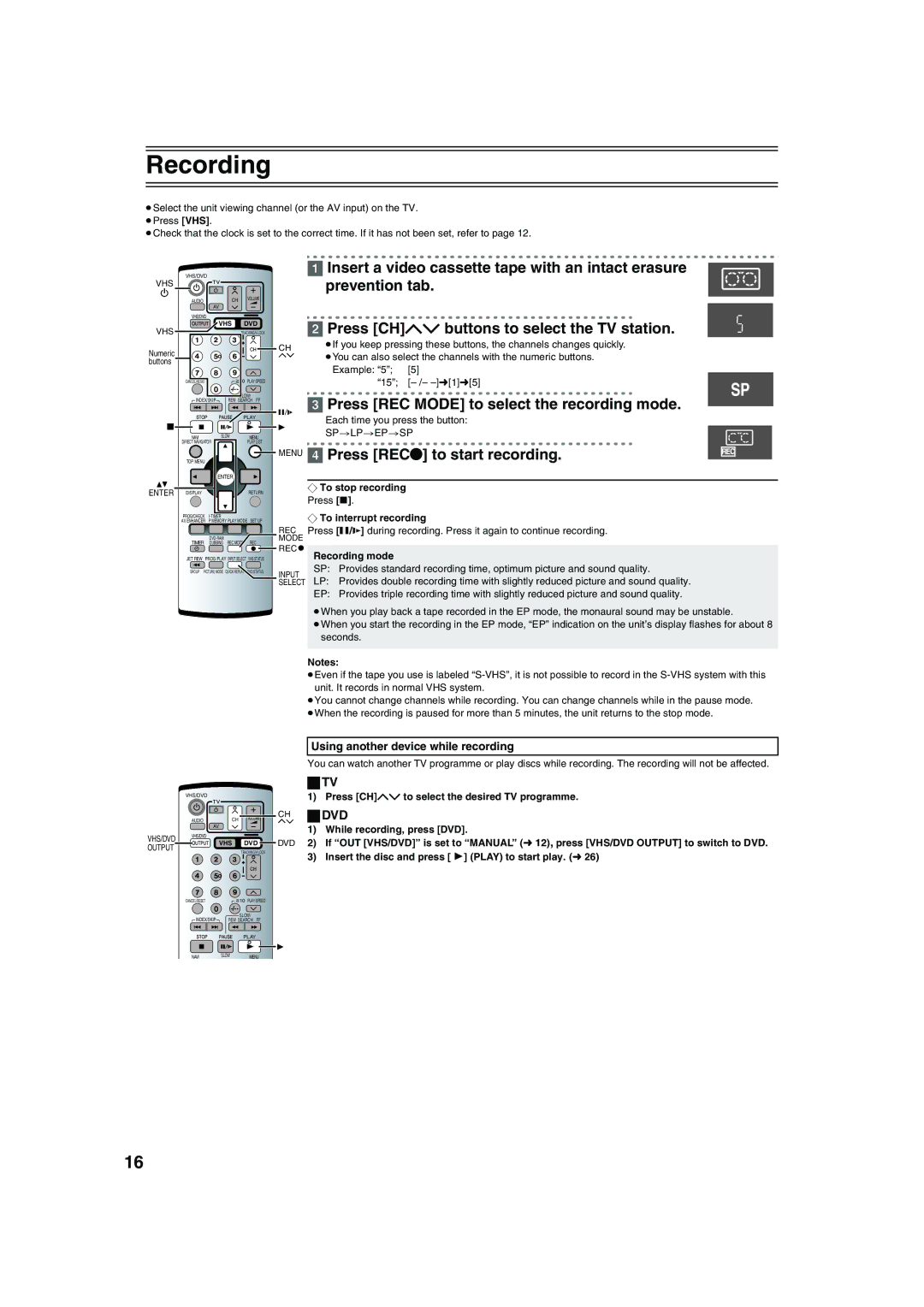 Panasonic NV-VP32 Recording, Press Chji buttons to select the TV station, Press REC Mode to select the recording mode 