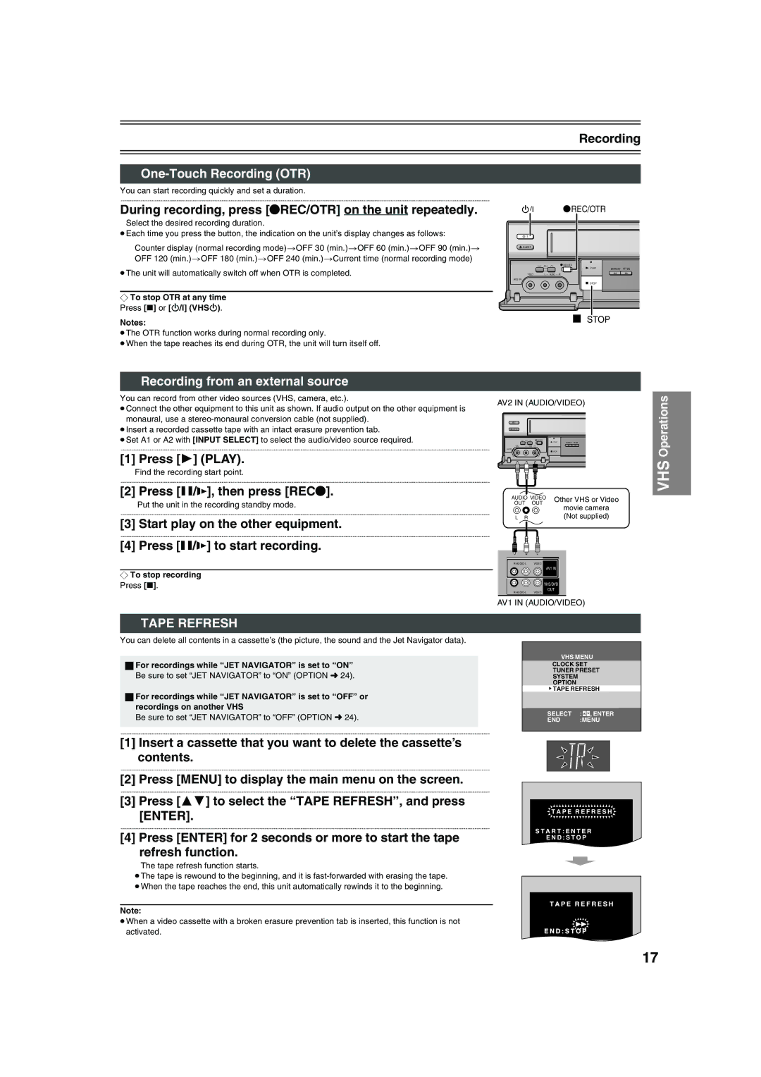 Panasonic NV-VP32 manual One-Touch Recording OTR, Recording from an external source, Tape Refresh 