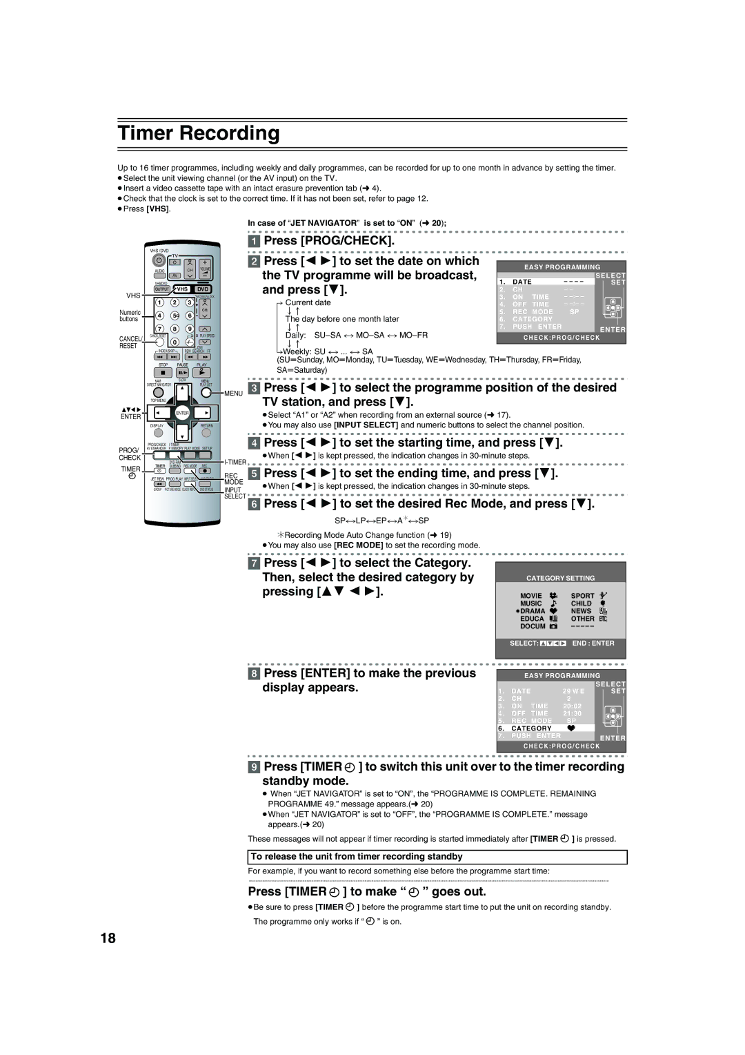 Panasonic NV-VP32 Timer Recording, Press PROG/CHECK Press 2 1 to set the date on which, TV programme will be broadcast 