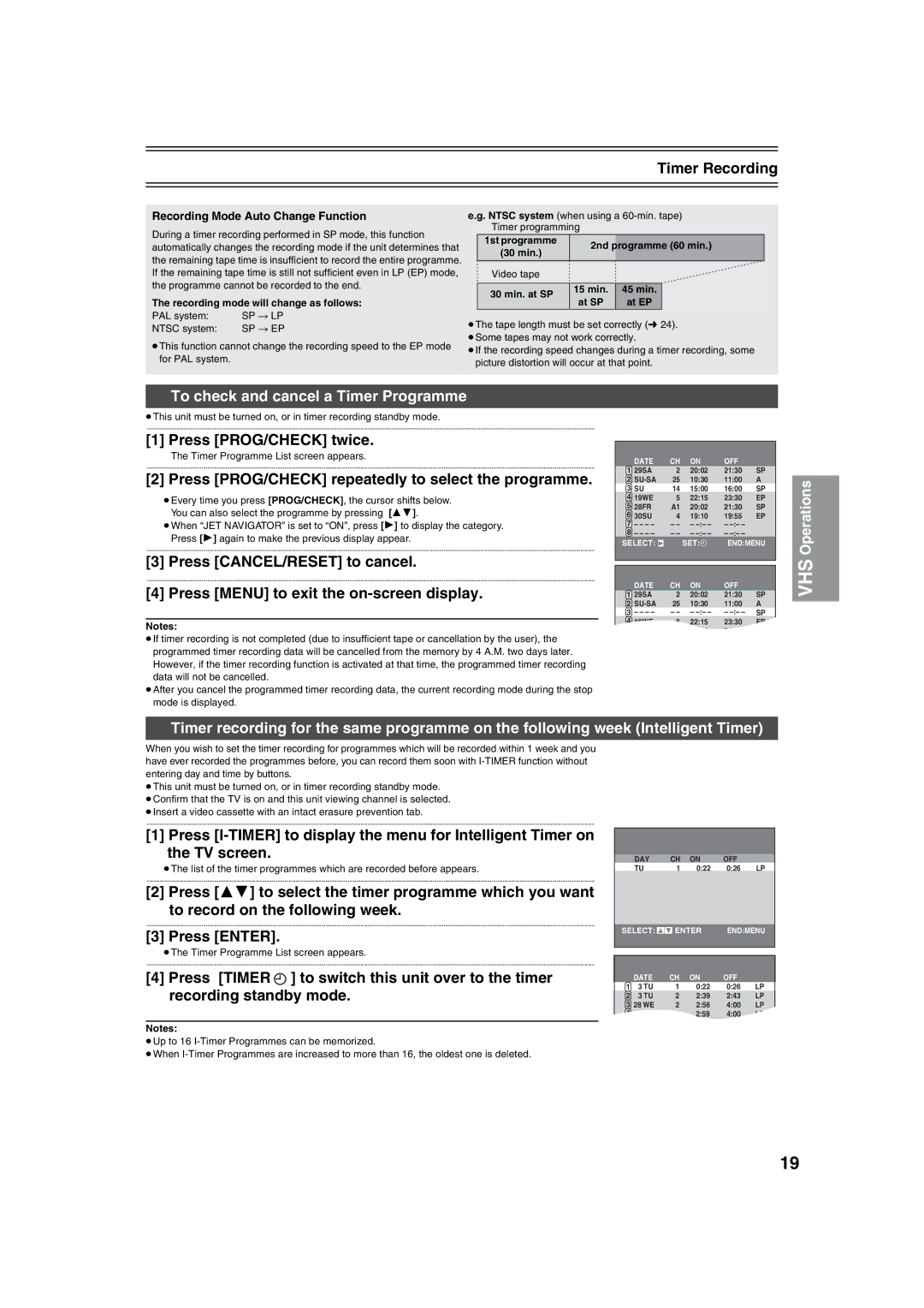 Panasonic NV-VP32 manual Timer Recording, To check and cancel a Timer Programme, Press PROG/CHECK twice 