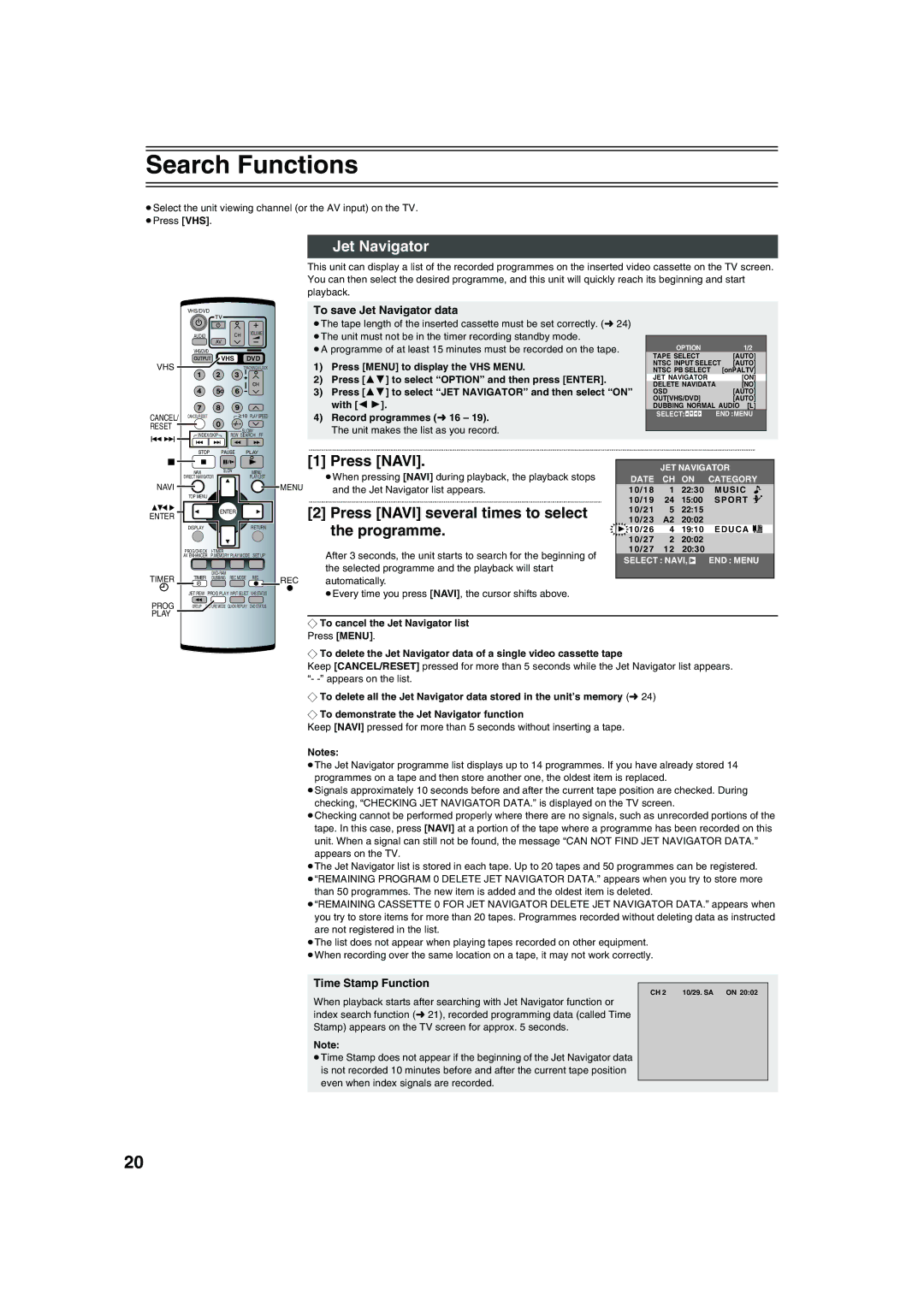 Panasonic NV-VP32 manual Search Functions, Jet Navigator, Press Navi, Programme 