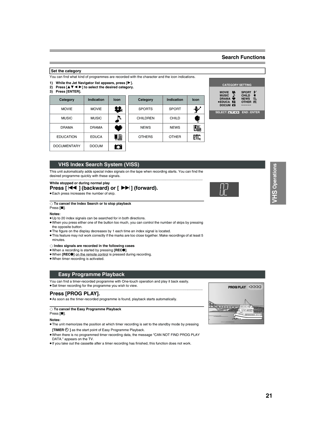 Panasonic NV-VP32 Search Functions, VHS Index Search System Viss, Press backward or 9 forward, Easy Programme Playback 