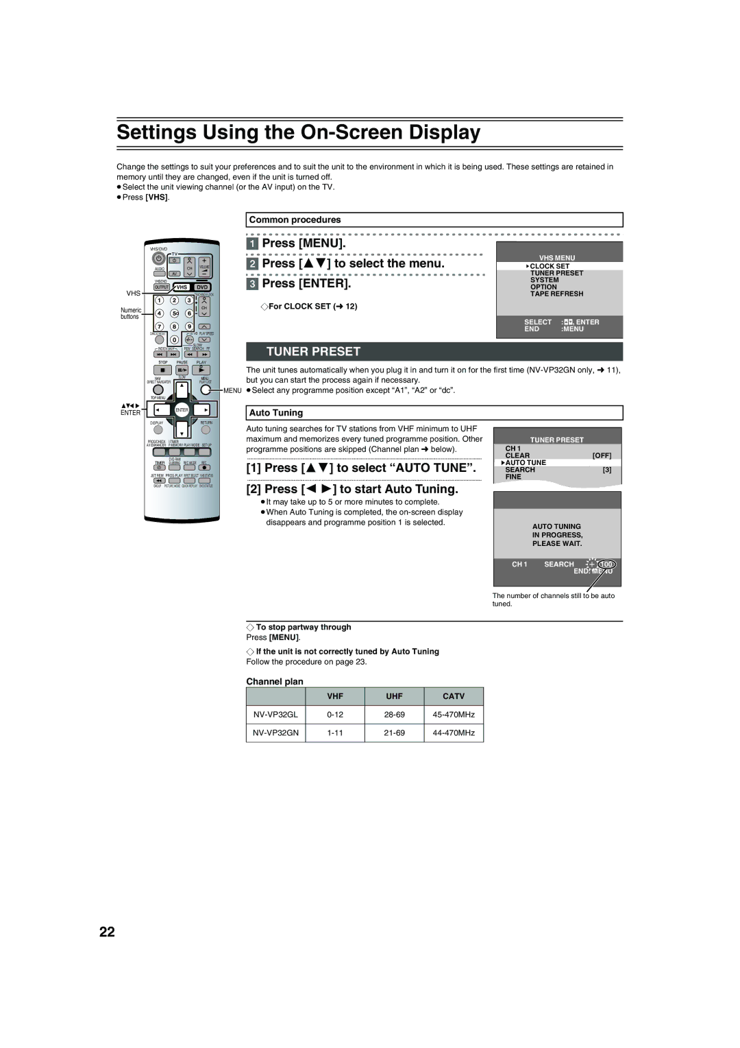 Panasonic NV-VP32 manual Settings Using the On-Screen Display, Tuner Preset, Auto Tuning, Channel plan 