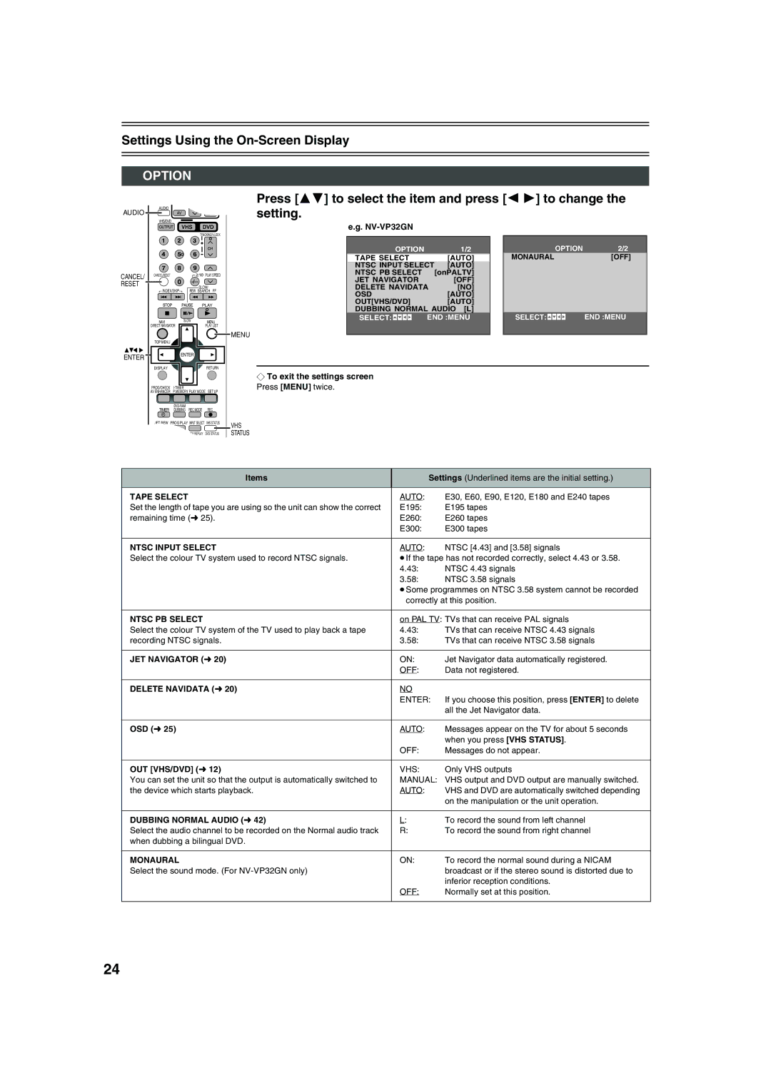 Panasonic NV-VP32 manual Option, Tape Select, Ntsc Input Select, Ntsc PB Select, Monaural 