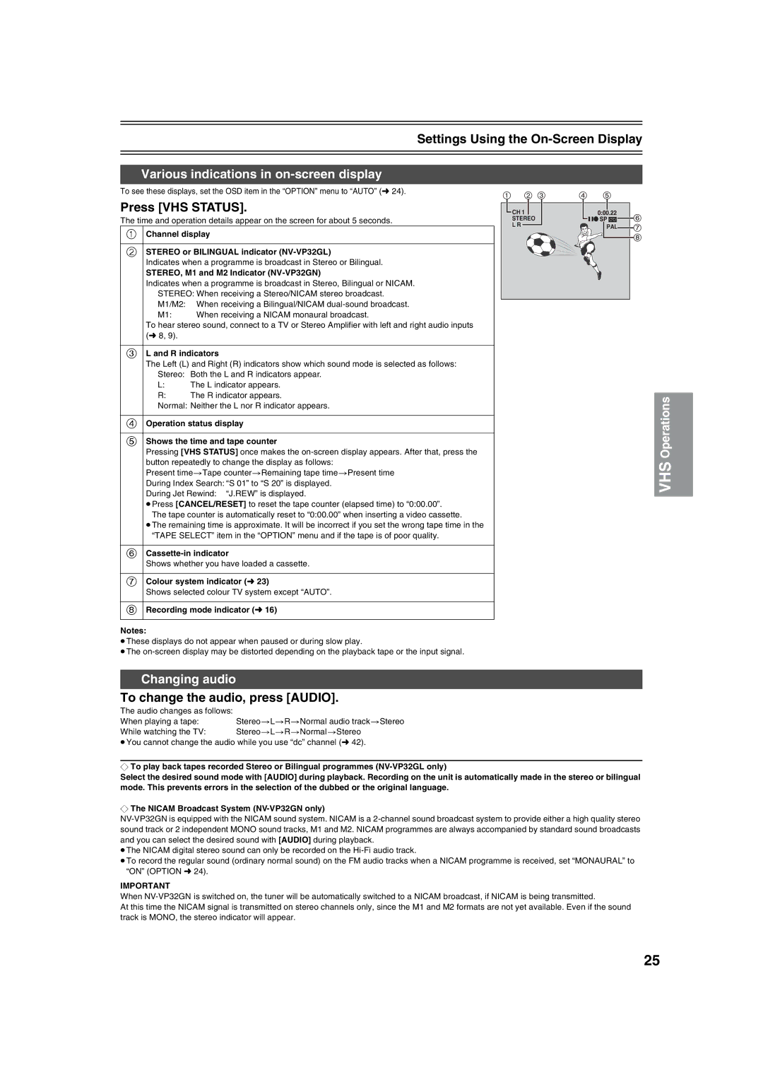 Panasonic NV-VP32 manual Various indications in on-screen display, Press VHS Status, Changing audio 