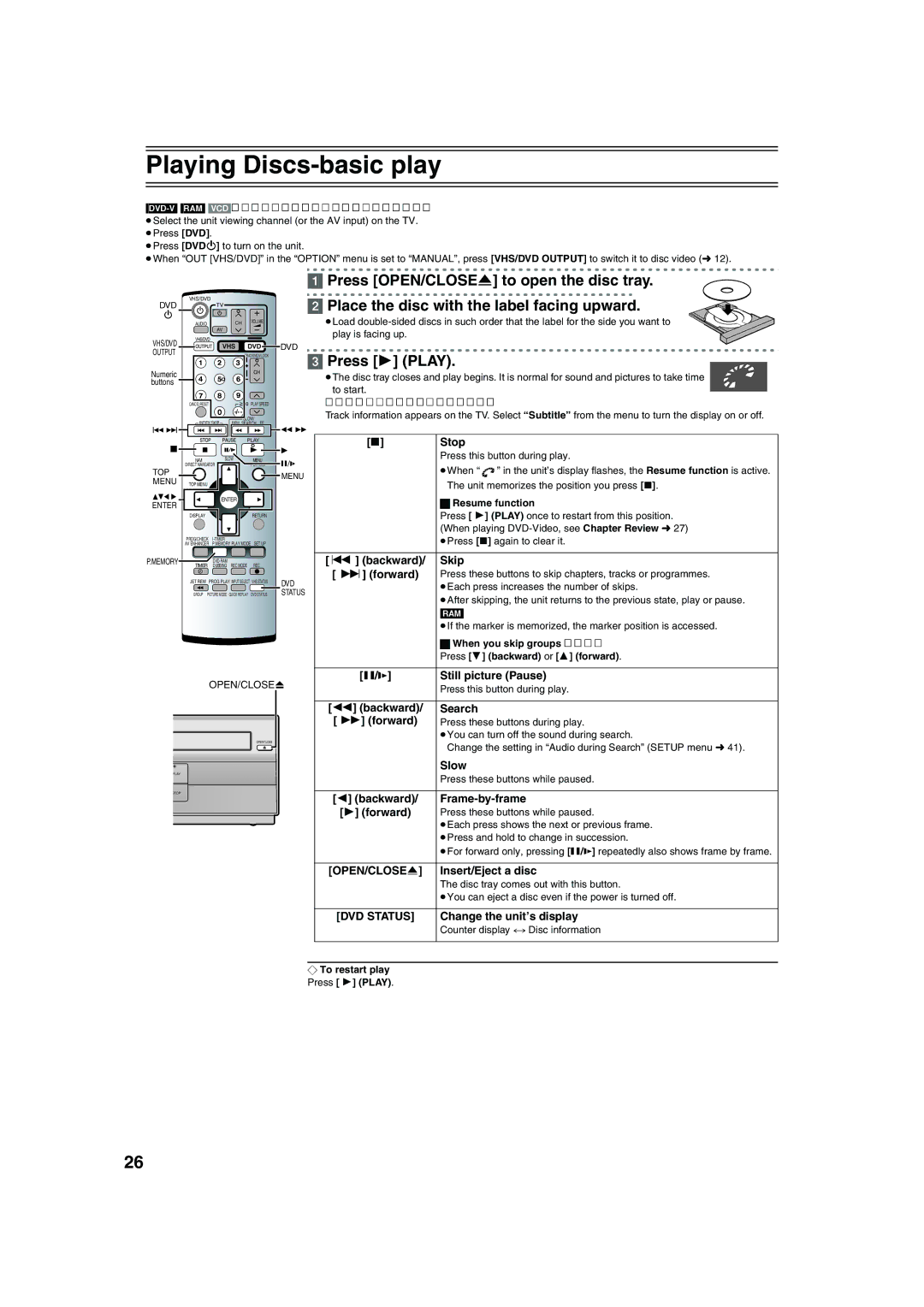 Panasonic NV-VP32 manual Playing Discs-basic play, Press OPEN/CLOSE to open the disc tray 