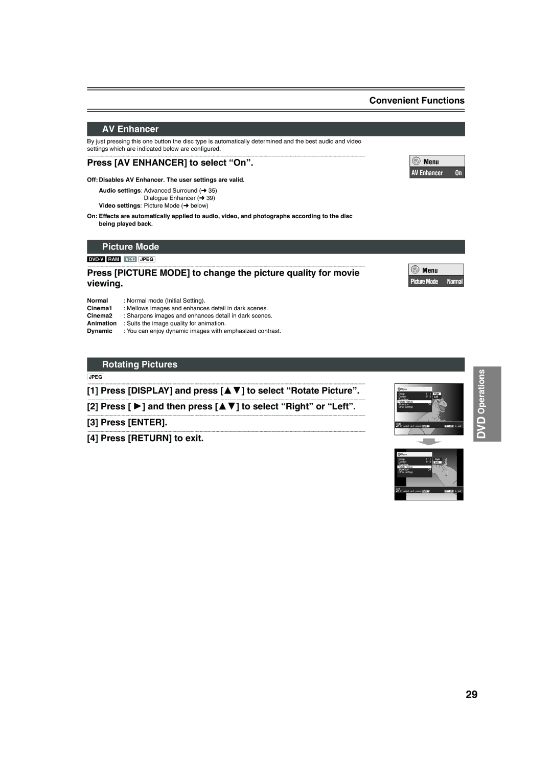 Panasonic NV-VP32 manual Convenient Functions, Press AV Enhancer to select On, Picture Mode, Rotating Pictures 