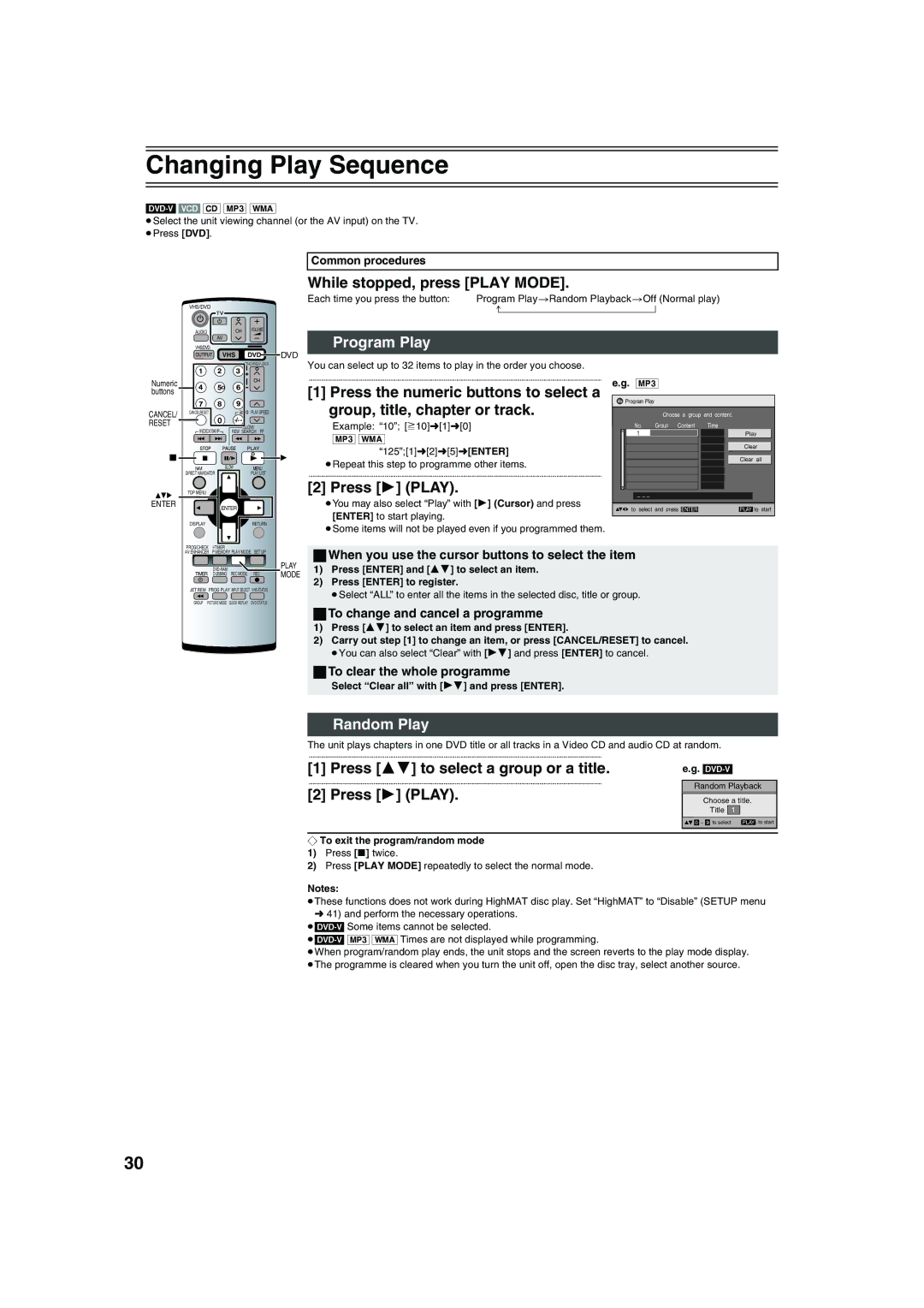 Panasonic NV-VP32 manual Changing Play Sequence, Program Play, Random Play 