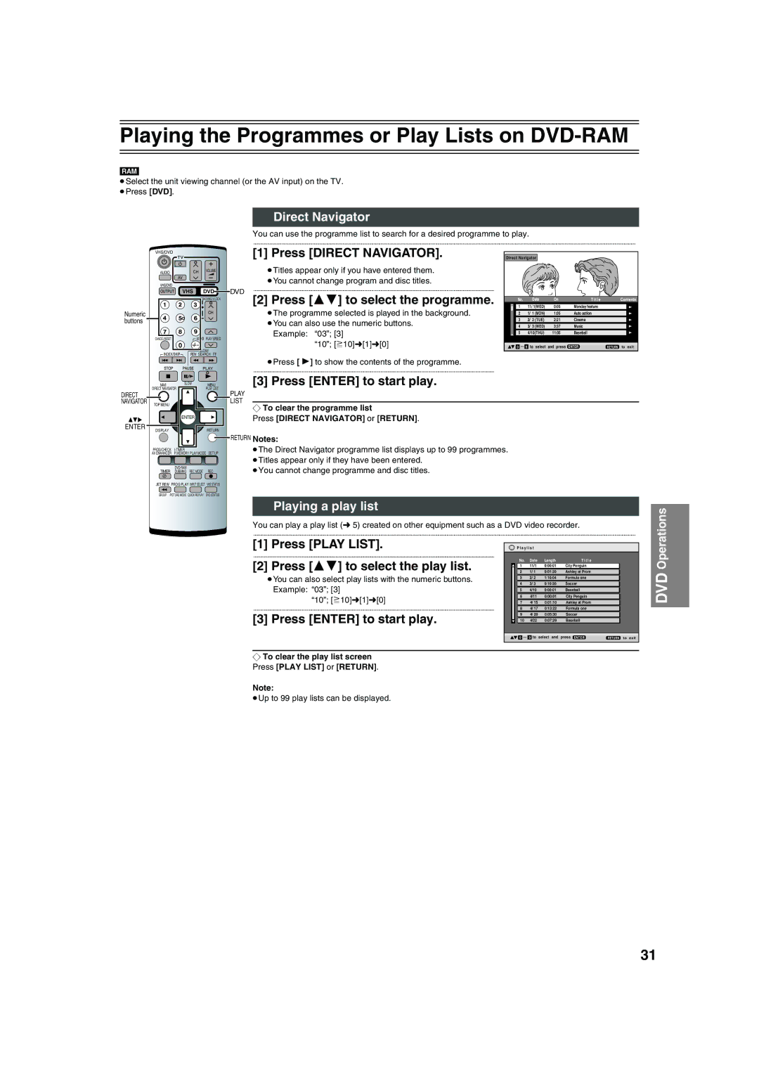 Panasonic NV-VP32 manual Playing the Programmes or Play Lists on DVD-RAM, Direct Navigator, Playing a play list 