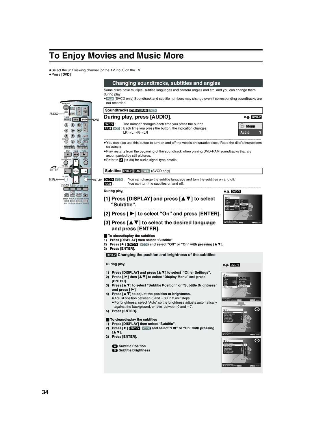 Panasonic NV-VP32 To Enjoy Movies and Music More, Changing soundtracks, subtitles and angles, During play, press Audio 