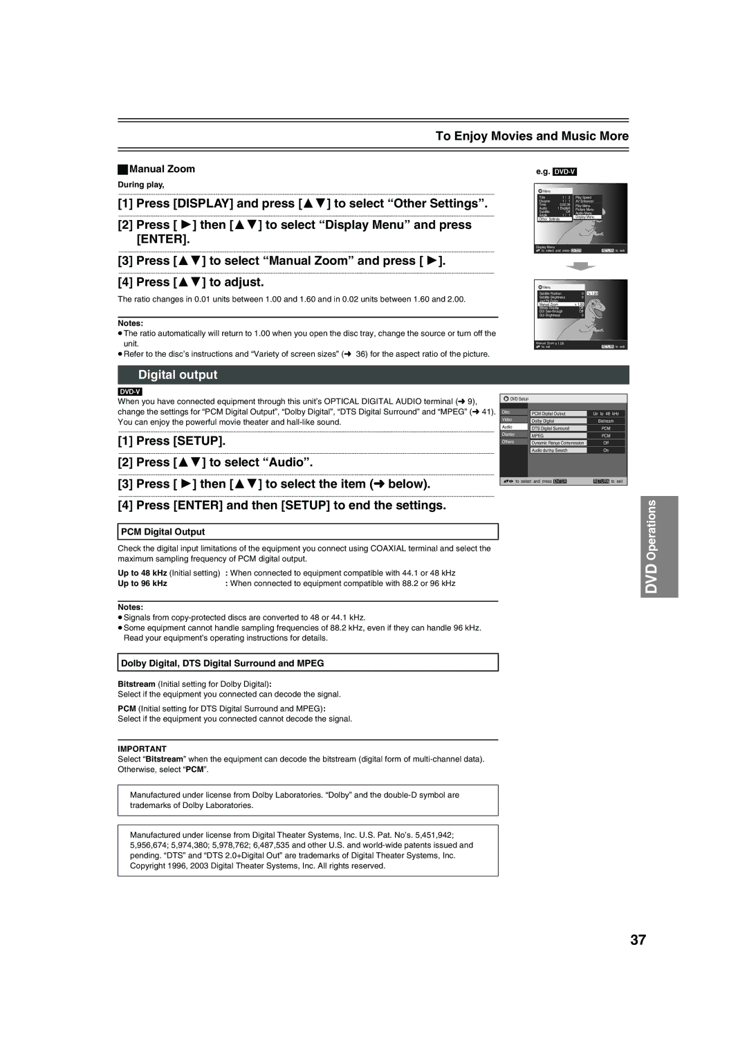 Panasonic NV-VP32 manual Digital output, Manual Zoom, PCM Digital Output, Dolby Digital, DTS Digital Surround and Mpeg 