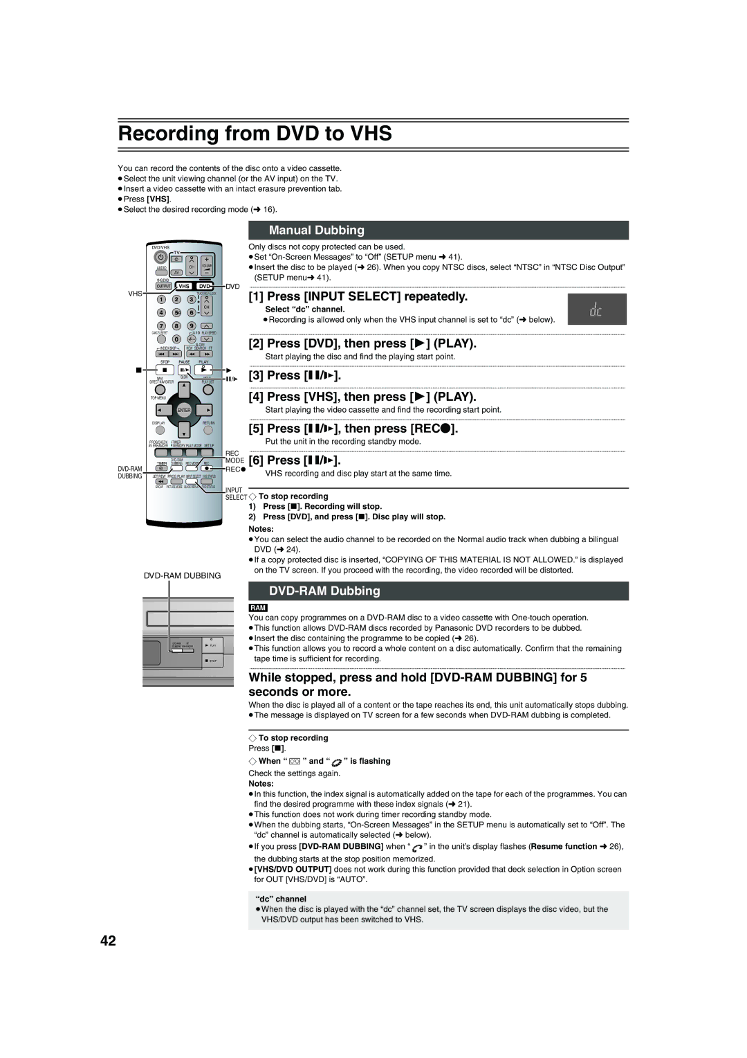 Panasonic NV-VP32 manual Recording from DVD to VHS, Manual Dubbing, DVD-RAM Dubbing 