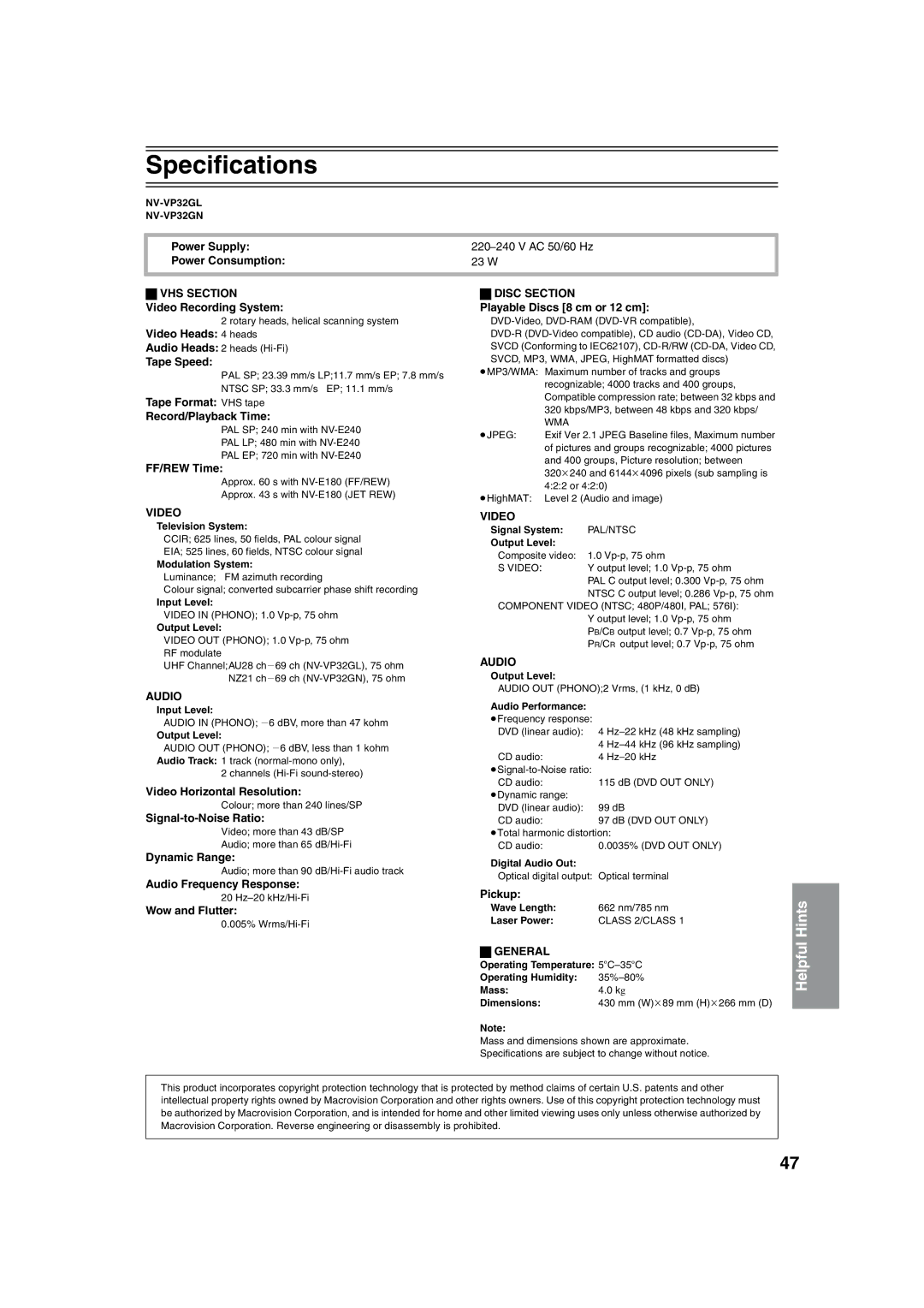 Panasonic NV-VP32 manual Specifications 