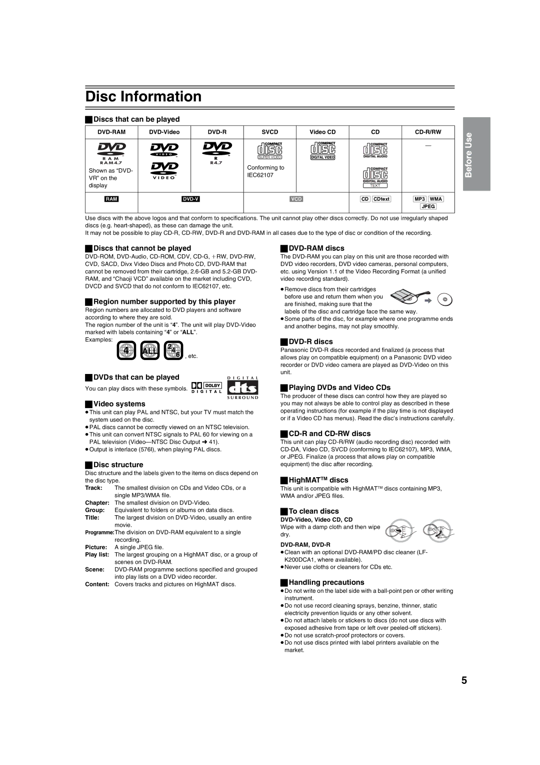 Panasonic NV-VP32 manual Disc Information 