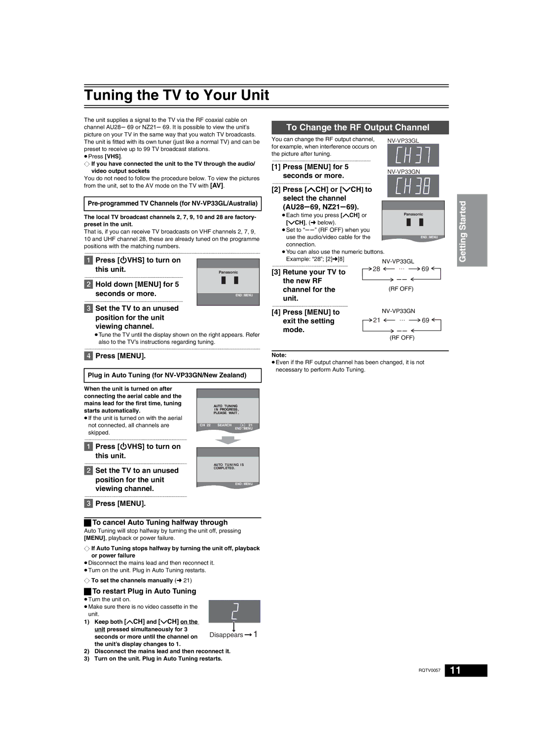 Panasonic NV-VP33 Series operating instructions Tuning the TV to Your Unit, To Change the RF Output Channel 