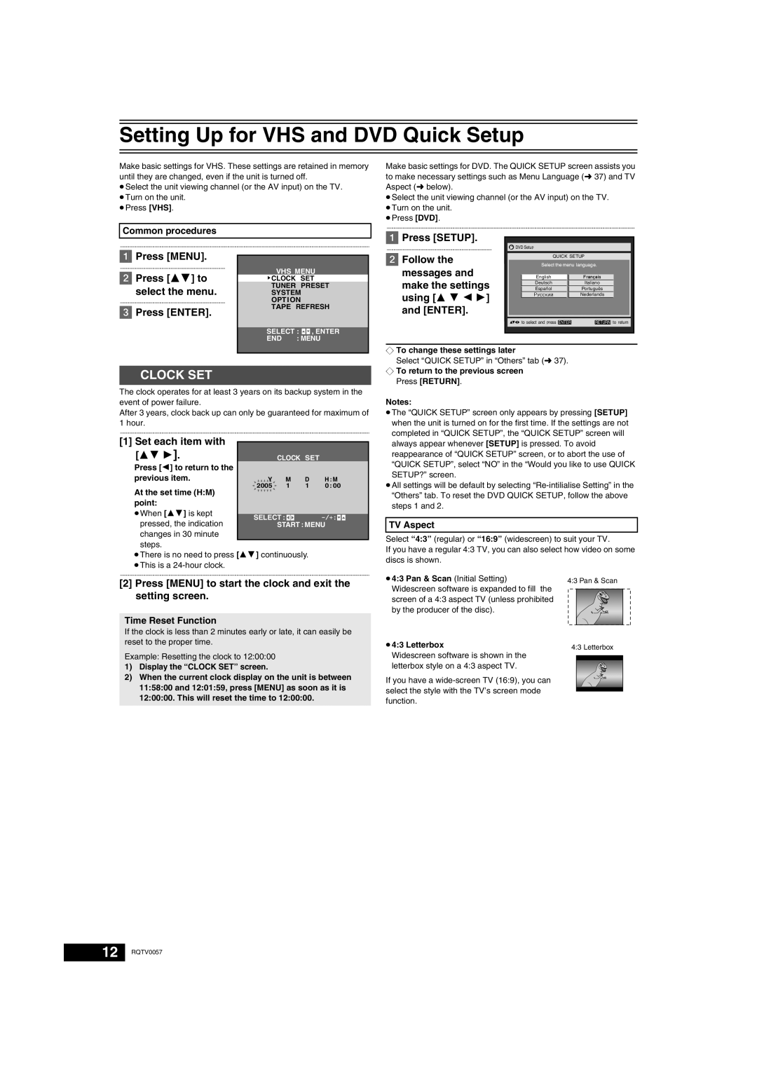 Panasonic NV-VP33 Series operating instructions Setting Up for VHS and DVD Quick Setup, Set each item with 