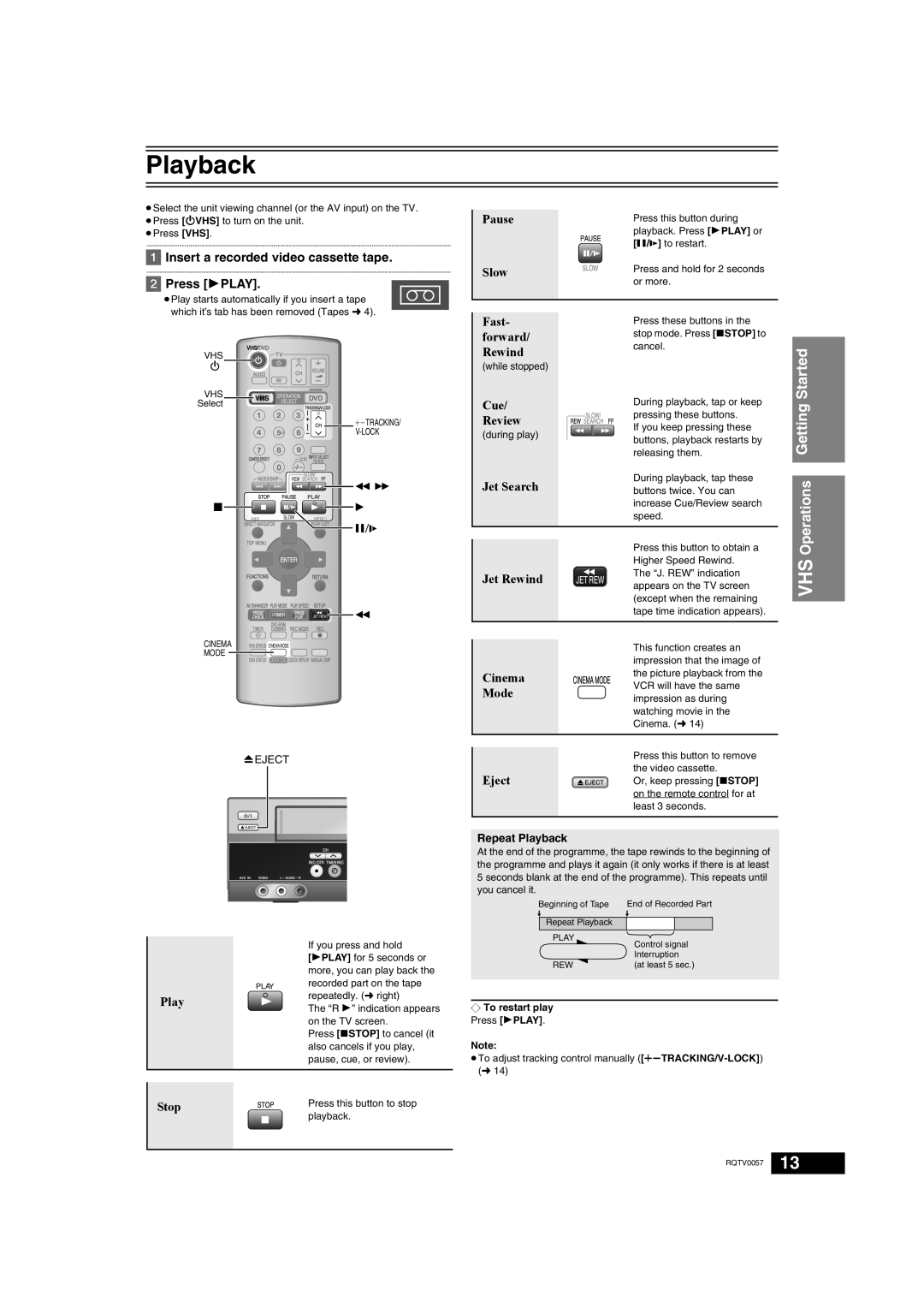 Panasonic NV-VP33 Series operating instructions Insert a recorded video cassette tape Press 1PLAY, Repeat Playback 