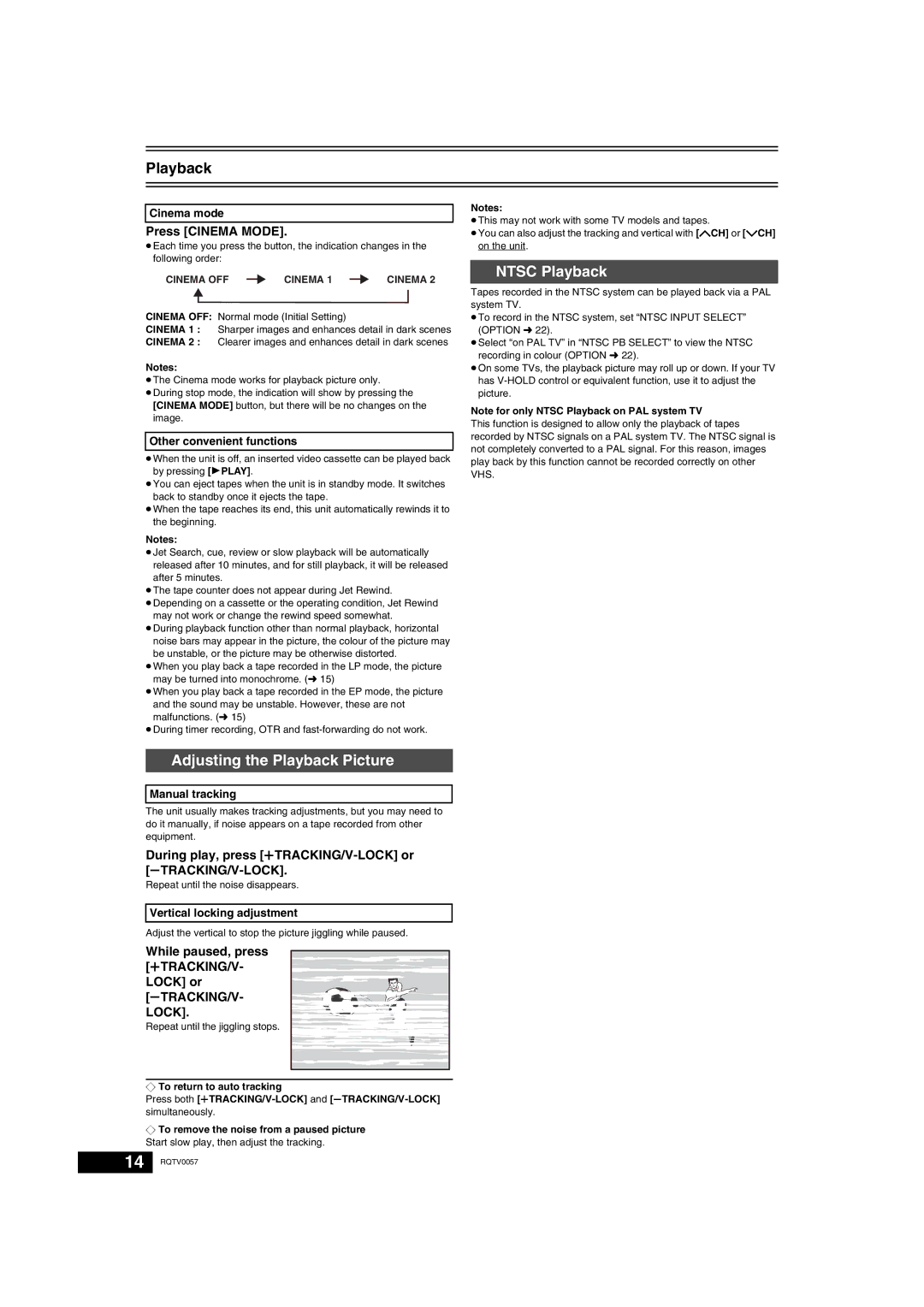 Panasonic NV-VP33 Series operating instructions Adjusting the Playback Picture Ntsc Playback, Press Cinema Mode 