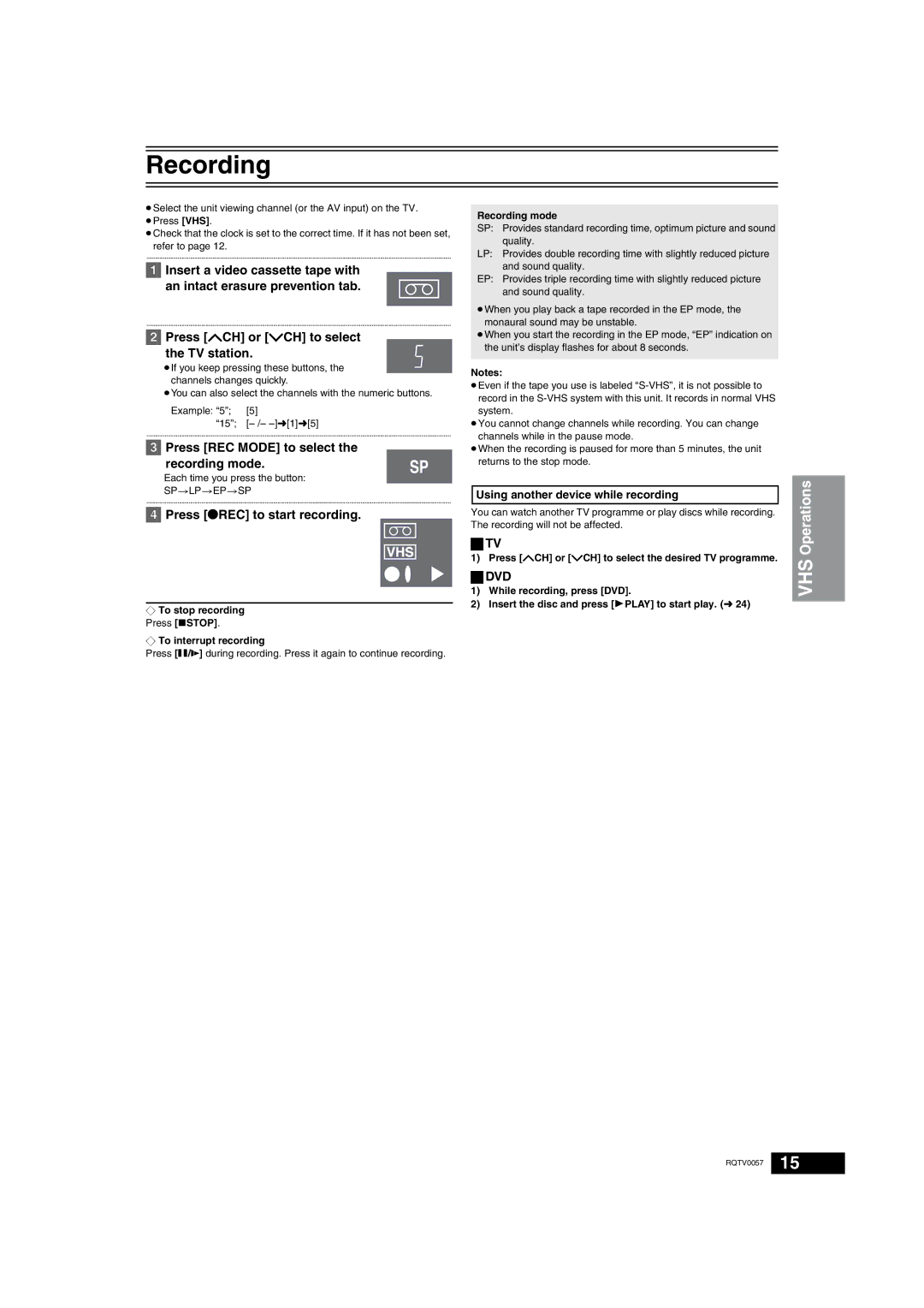 Panasonic NV-VP33 Series Press REC Mode to select Recording mode, Press ¥REC to start recording, Dvd 