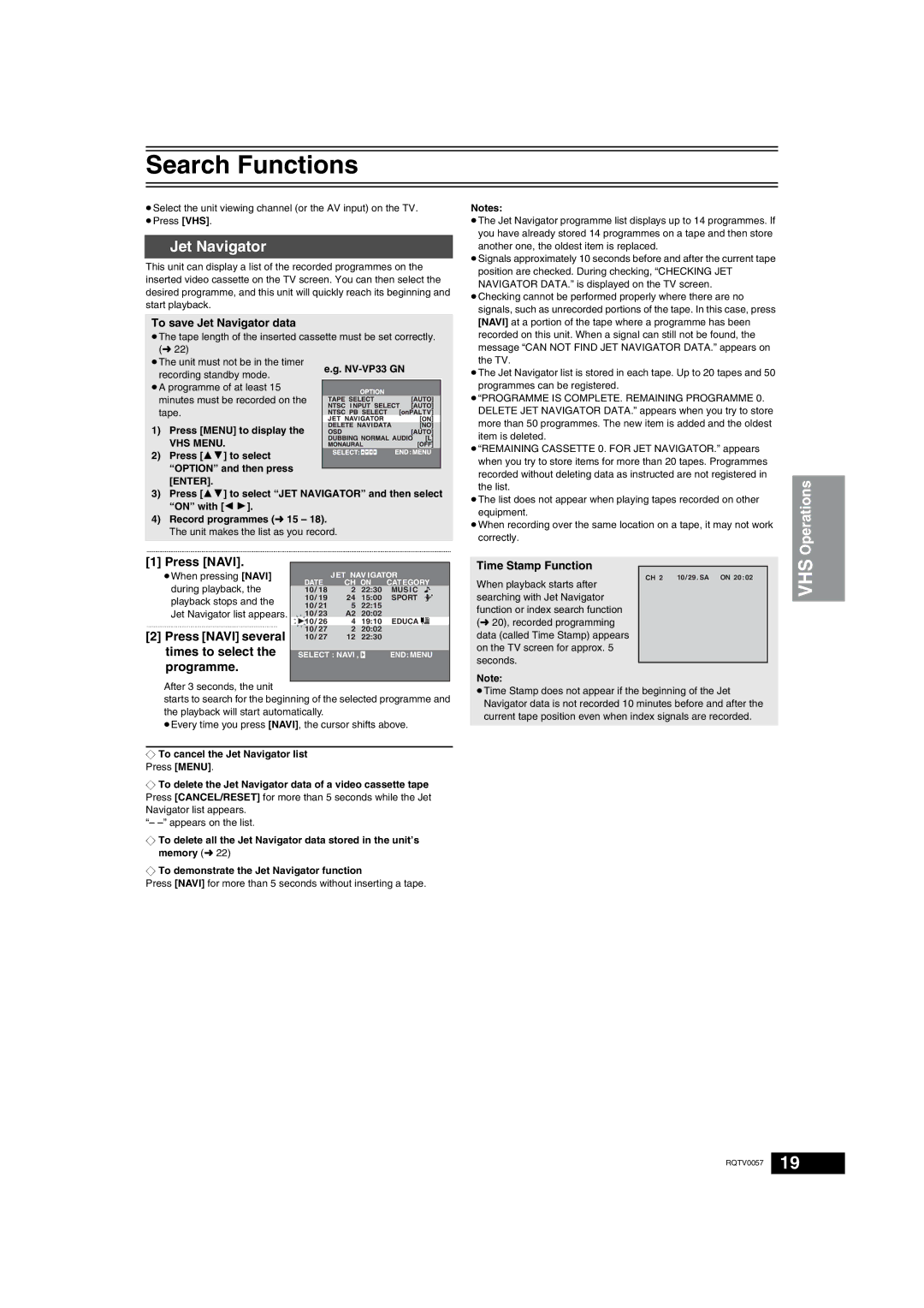 Panasonic NV-VP33 Series operating instructions Search Functions, Jet Navigator, Press Navi 