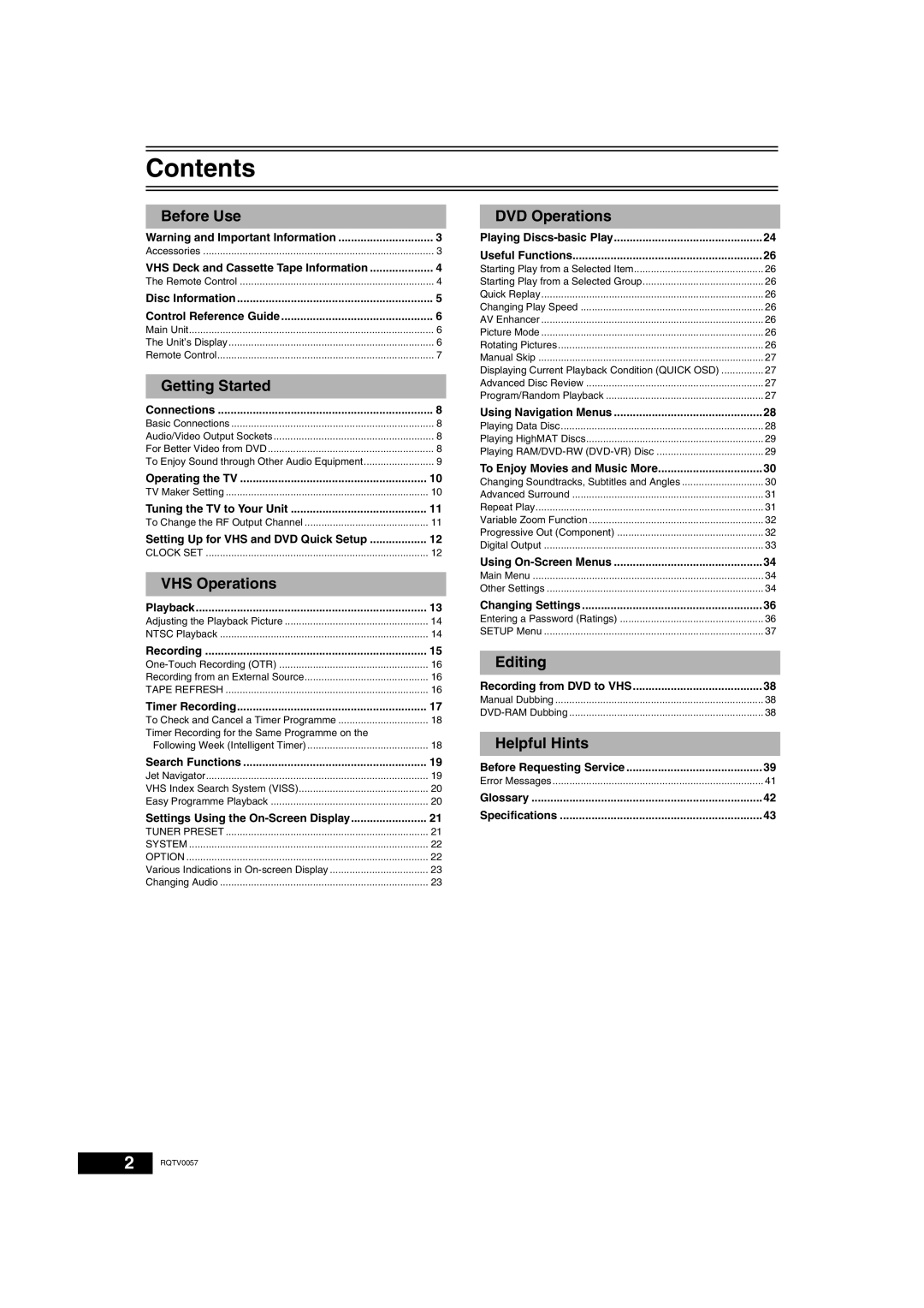 Panasonic NV-VP33 Series operating instructions Contents 