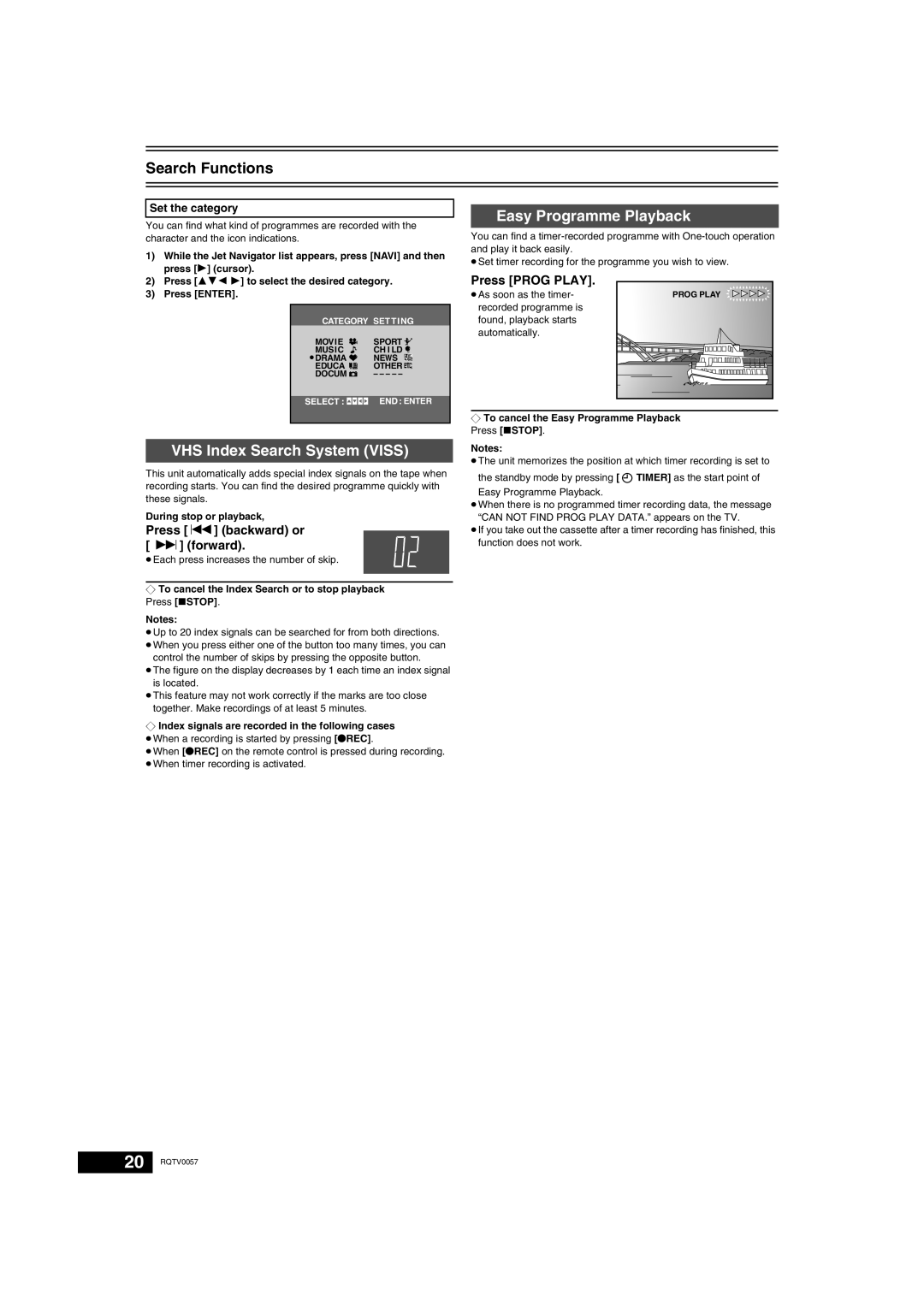 Panasonic NV-VP33 Series Search Functions, Easy Programme Playback, VHS Index Search System Viss, Press Prog Play 